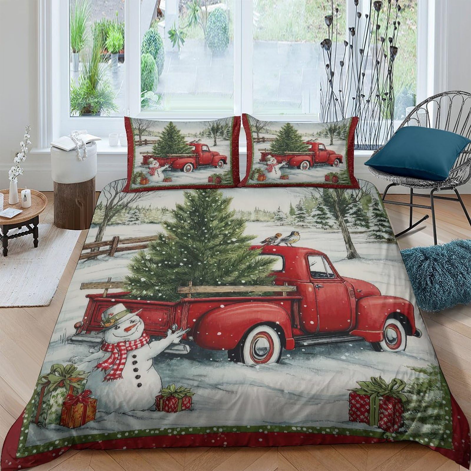 Ctjqhvkz Style-2 3D Printed Red Truck Christmas Tree Fitted Sheet Microfiber Snowman Bed Cover For Bedroom Guest Room Home Decor Single（135X200cm）