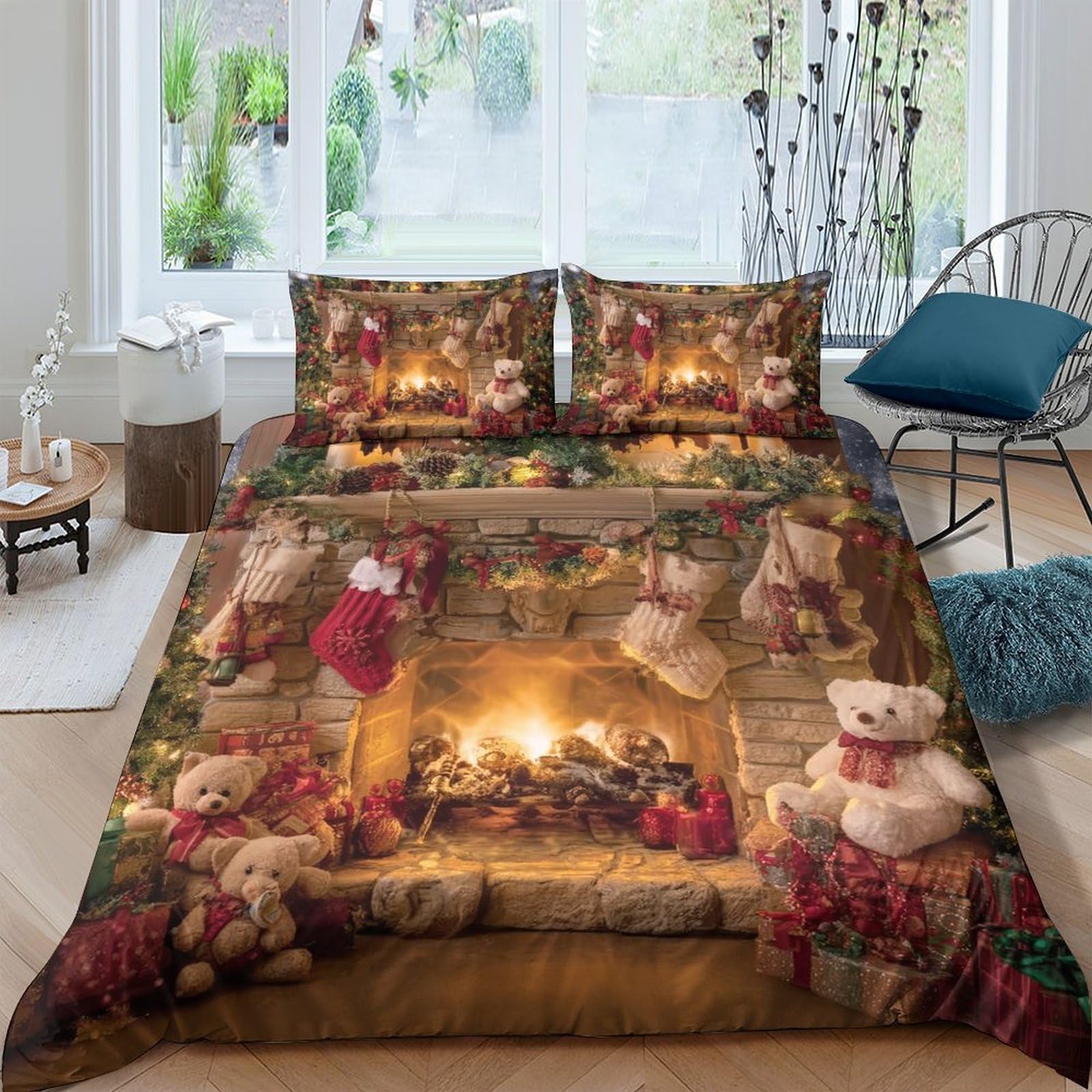 Ctjqhvkz Style-10 3D Printed Christmas Fireplace Fitted Sheet Microfiber Teddy Bear Bed Cover Soft Washable For Bedroom Guestroom Decor Single（135X200cm）