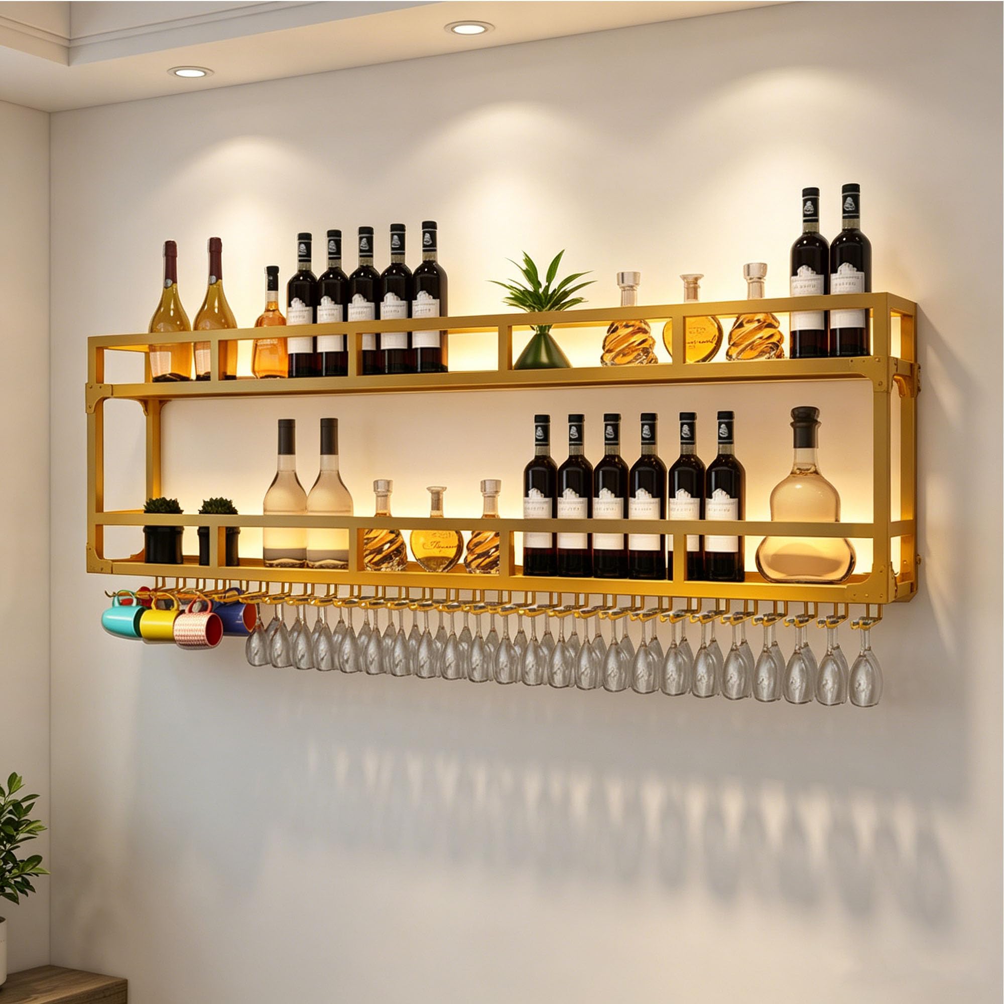Portabottiglie Porta Bottiglie di Vino da Parete con Portabicchieri Cantinetta Vino con Luce Scaffale da Parete Mensole Cucina Angolo Bar per Casa Mobile Bar per Cucina Sala da Pranzo Bar(Gold,2 LAYER