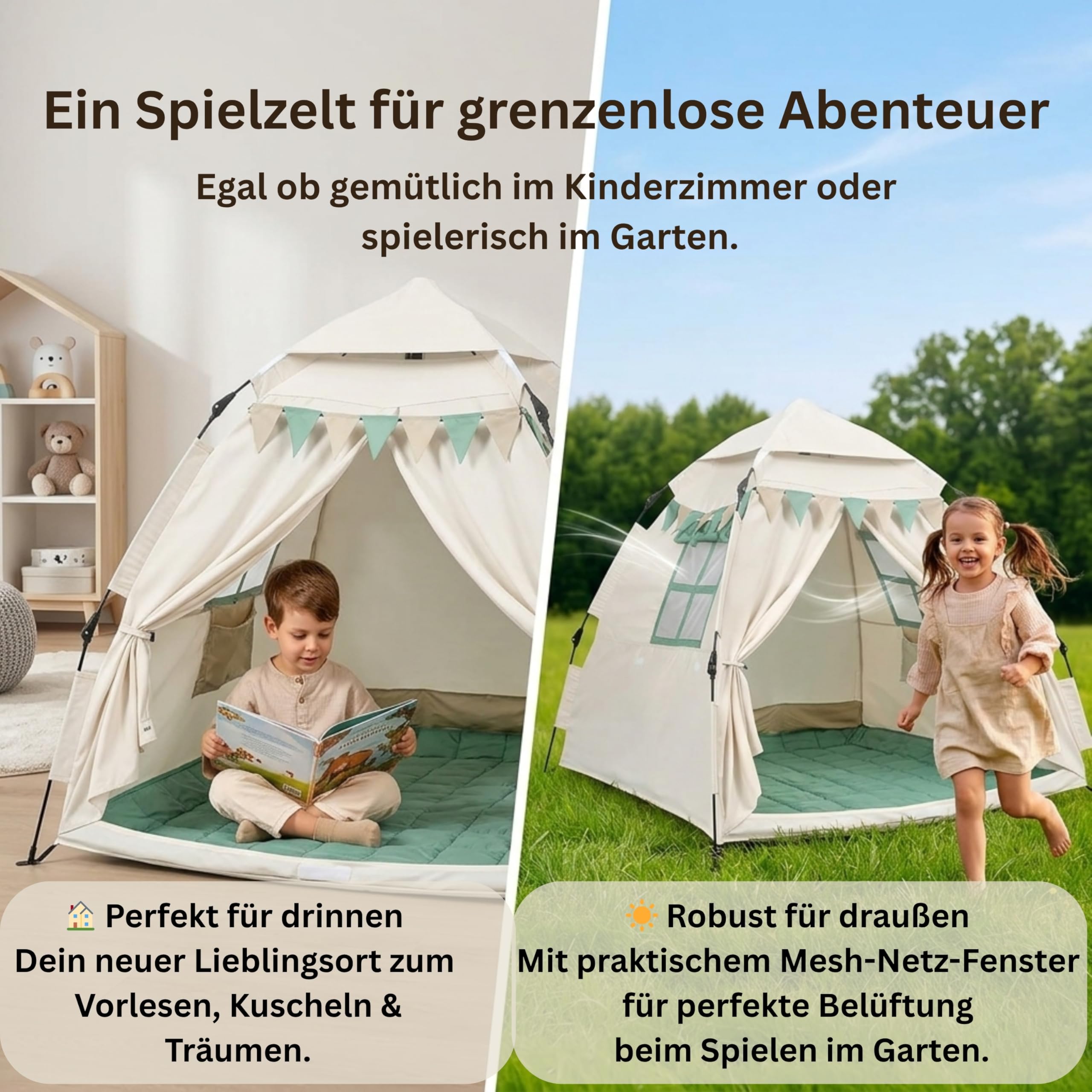 Spielzelt Kinder Indoor mit Bodenmatte & Tragetasche [Schneller Aufbau/Abbau] Maschinenwaschbar schadstofffrei Tippi Kinderzelt Indoor Outdoor Spielhaus Zelt Kinderzimmer Tipi Zelt für Kinder
