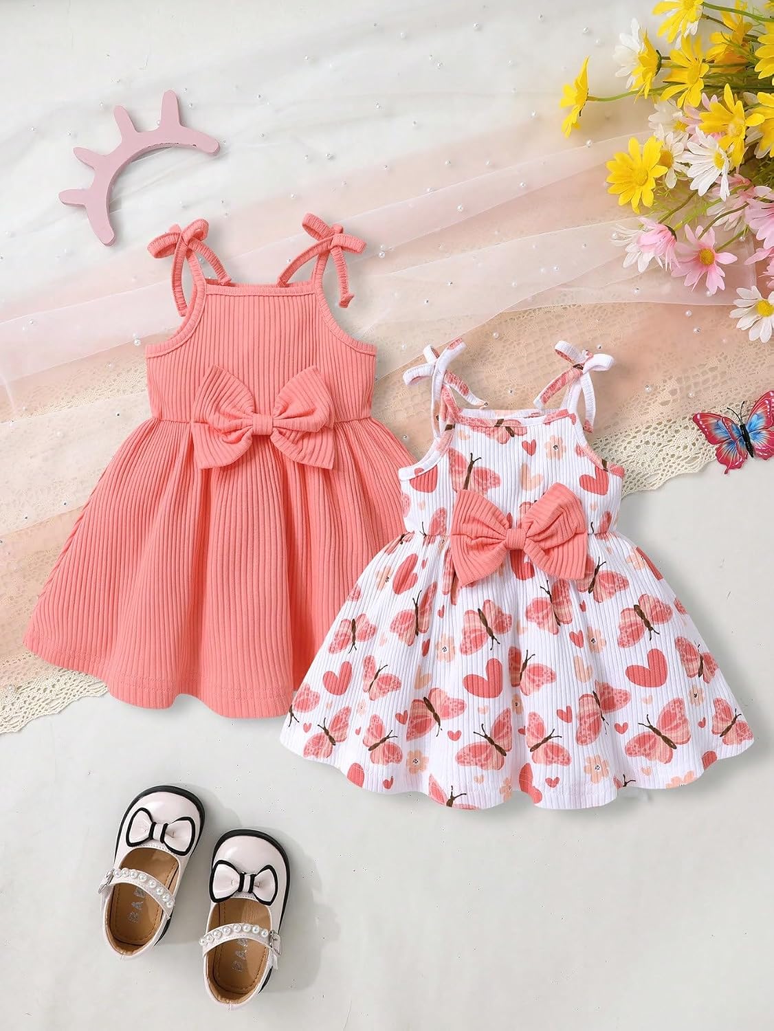 Baby Girls 2 Pack Halter Dress Spaghetti Strap Sleeveless Dresses Bow A-line Summer Casual Sundress for Toddler 3-18M