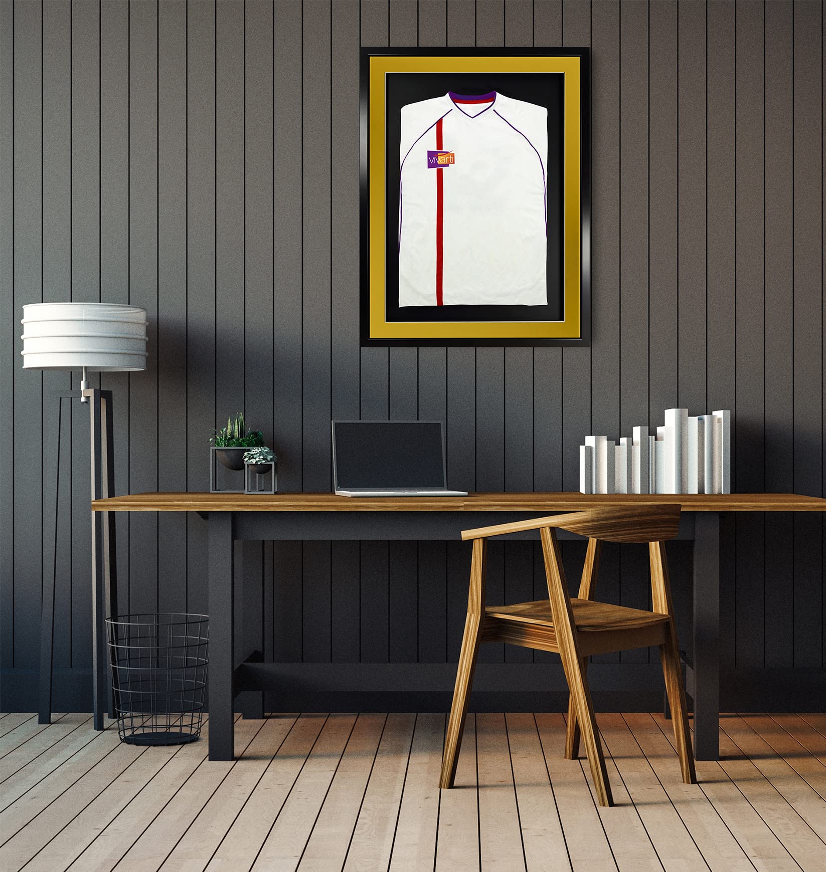 Vivarti Marco de exhibición de Camisa Deportiva montado en 3D para Camisa de fútbol, 60 x 80 cm, Marco Negro, Soporte Dorado, Tarjeta Trasera Negra