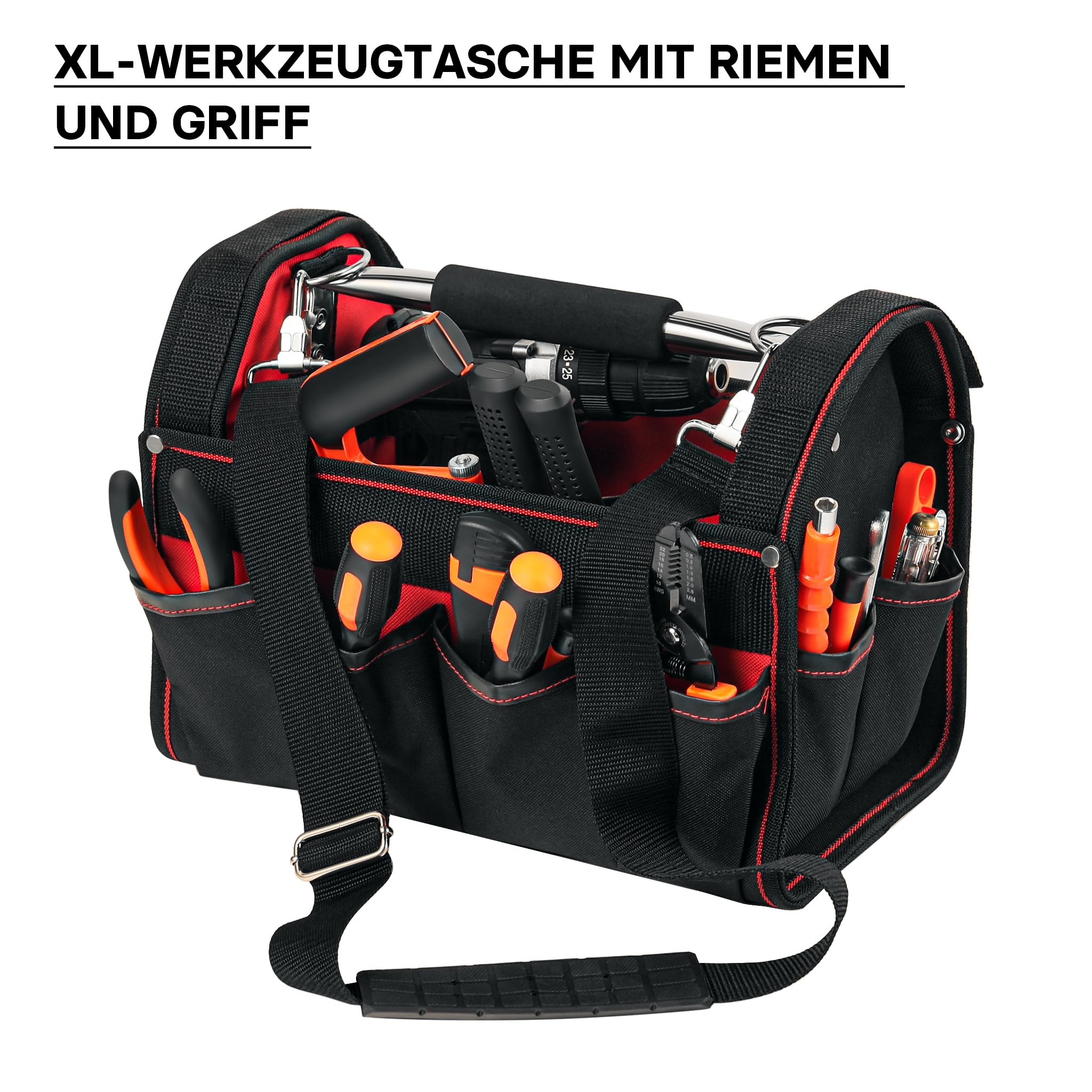 Wiltec Werkzeugtasche Größe XL 44x22x25 cm, Werkzeugbeutel mit verstellbarem Schultergurt und Tragegriff, Innen- und Außenfächer, Aufbewahrungstasche