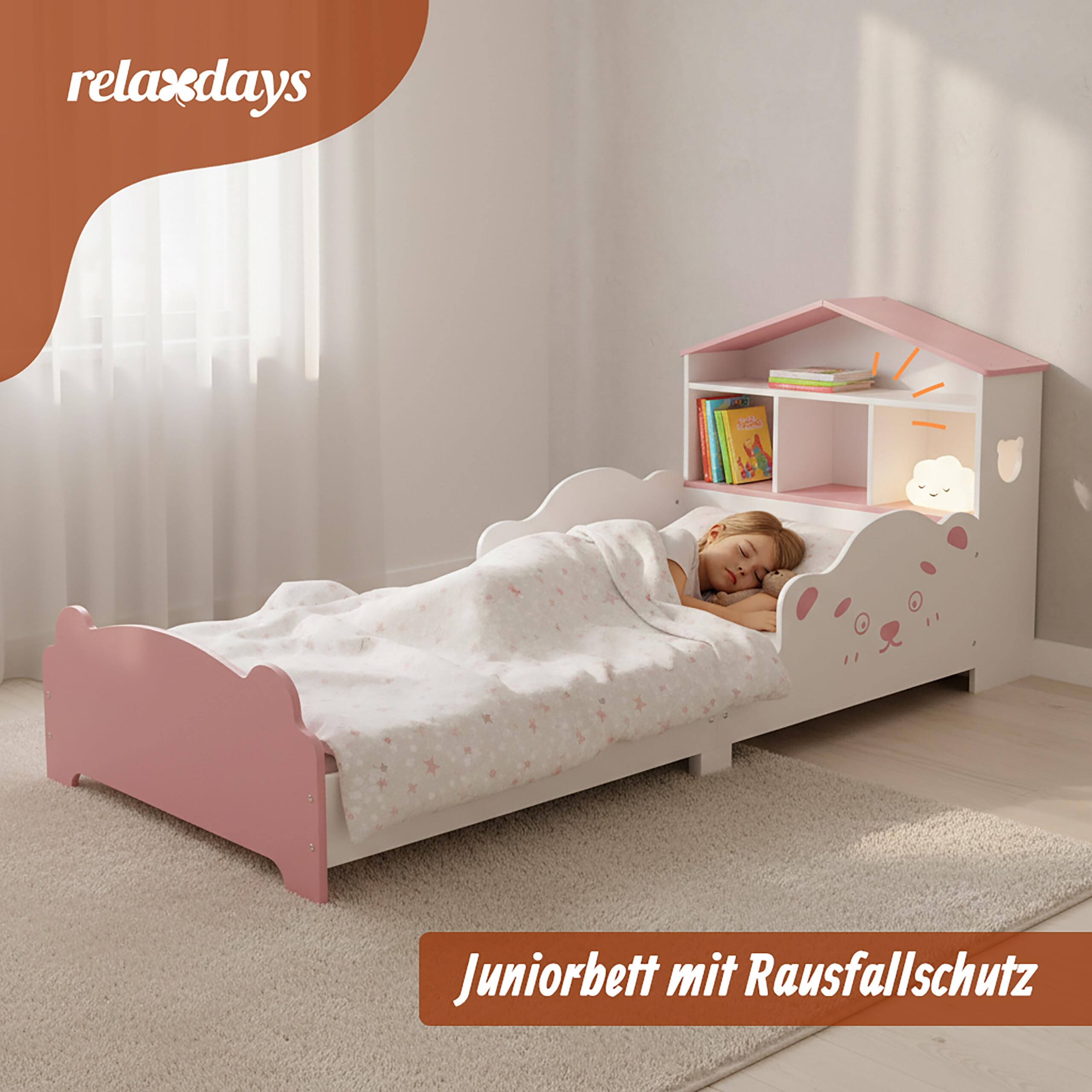 Relaxdays Kinderbett, 70x140 cm, Regal in Hausform, Kleinkindbett mit Rausfallschutz, Lattenrost, Bär-Design, weiß/rosa