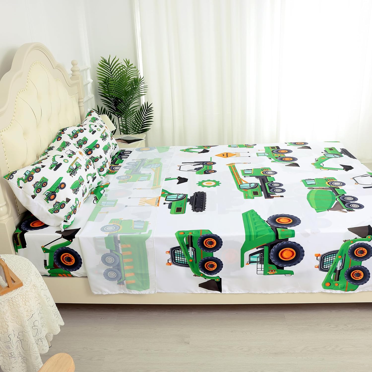Sheet Set Green Tractor: Queen Size Cartoon Excavator Truck Bed Sheets for Boys Kids Toddler Deep Pocket Construction Vehicle 4PC Bedding Set 1 Fitted Sheet & 1 Flat Sheet & 2 Pillowcases