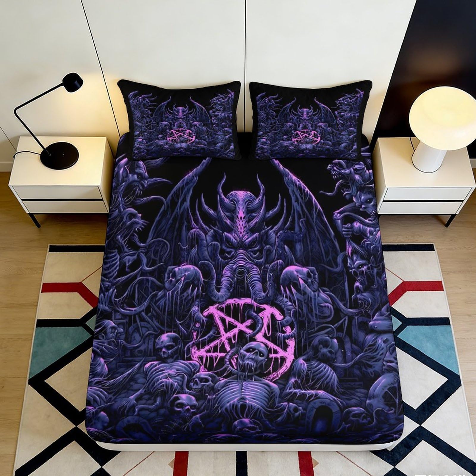 3D Printed Dark Demon Fitted Sheet Microfiber Gothic Skull Mattress Cover for Bedroom Dorm Decor Protector, Black Purple 90x200x25cm