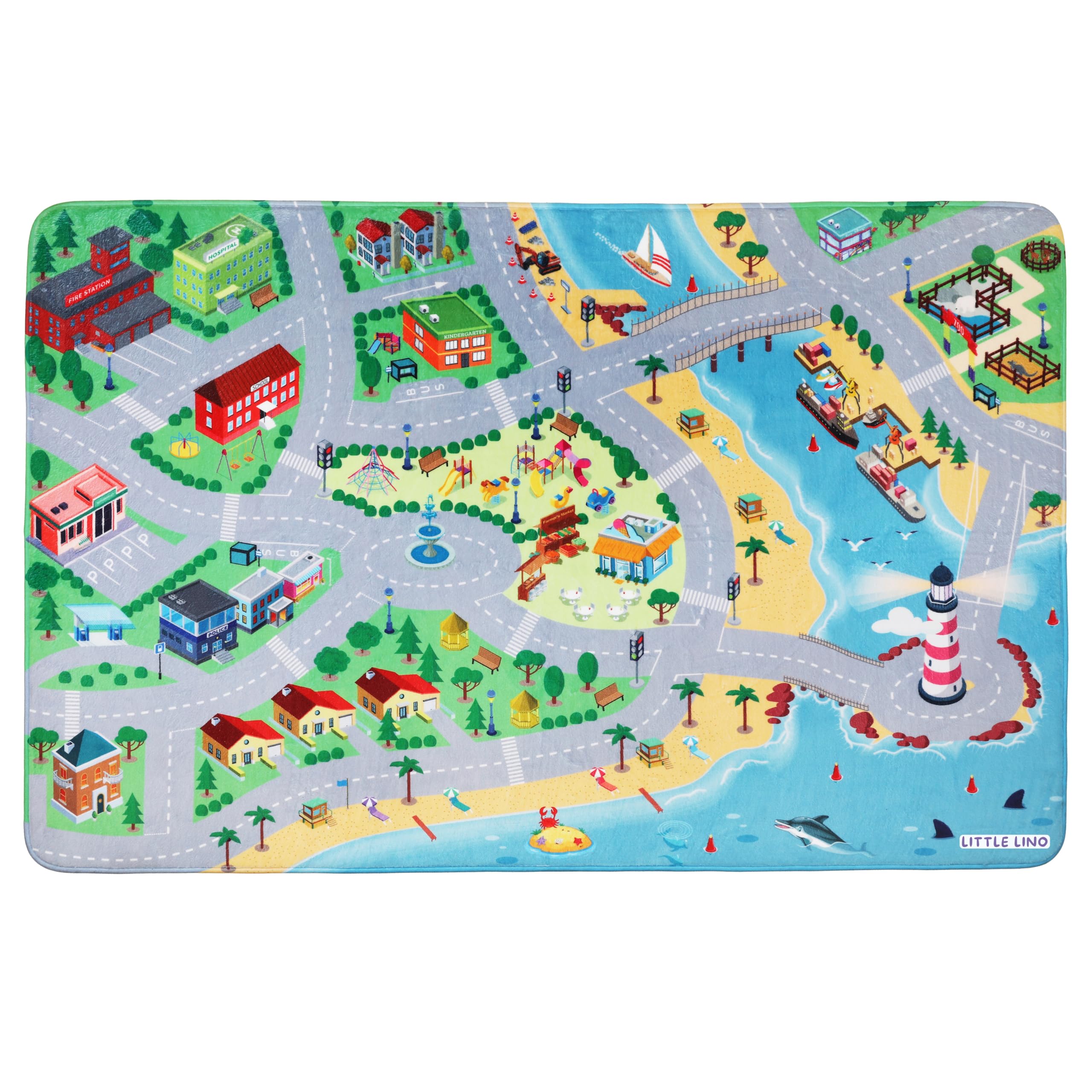 Little Lino Kinder Straßen Spielteppich Extra Weich - Kinderteppich für Fahrzeuge und Autos - rutschfeste Spielmatte fürs Kinderzimmer 98 x 150 cm