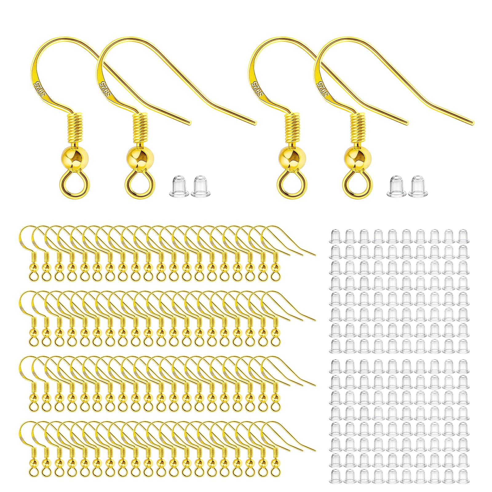 Earring Hooks for Jewellery Making, 100 PCS/50 Pairs Sterling Silver Earring Hooks with Clear Silicone Ear Backs, Hypoallergenic Jewellery Making Supplies (Gold)