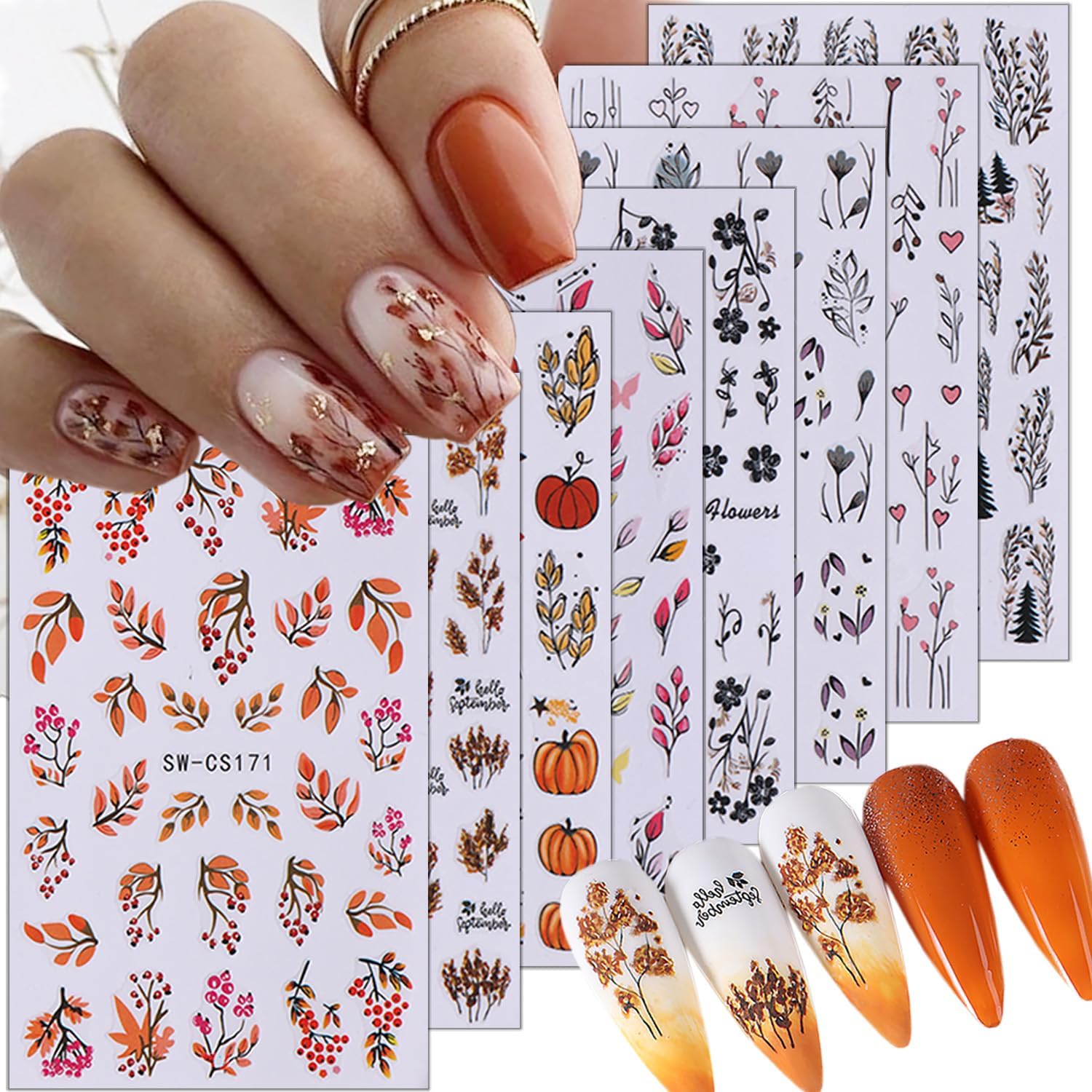 8 Sheets Fall Nail Stickers for Nail Art,3D Self Adhesive Maple Leaf Nail Art Stickers Gold Tree Leaves Pumpkin Designs Nail Supplies Autumn Leaves Flower Nail Decals for Women Thanksgiving Nail Decor