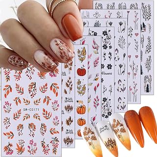8 Sheets Fall Nail Stickers for Nail Art,3D Self Adhesive Maple Leaf Nail Art Stickers Gold Tree Leaves Pumpkin Designs Nail Supplies Autumn Leaves Flower Nail Decals for Women Thanksgiving Nail Decor