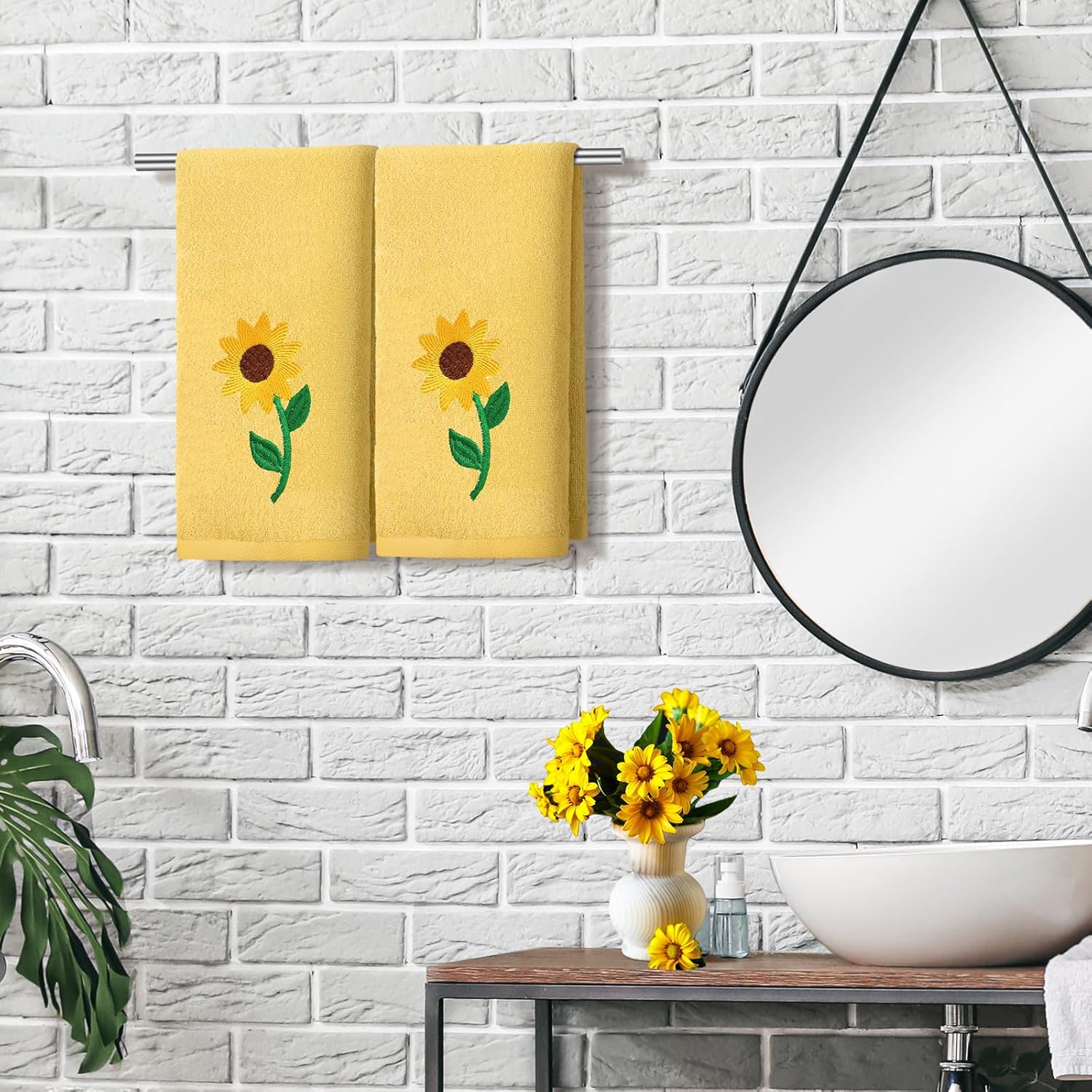 2 Pcs Sunflowers Hand Towels Bright Yellow Bathroom Decor 14x29 Inch Embroidered 100% Cotton Soft Absorbent Spring Summer Decorative Hand Towels for Bathroom Kitchen - Image 3