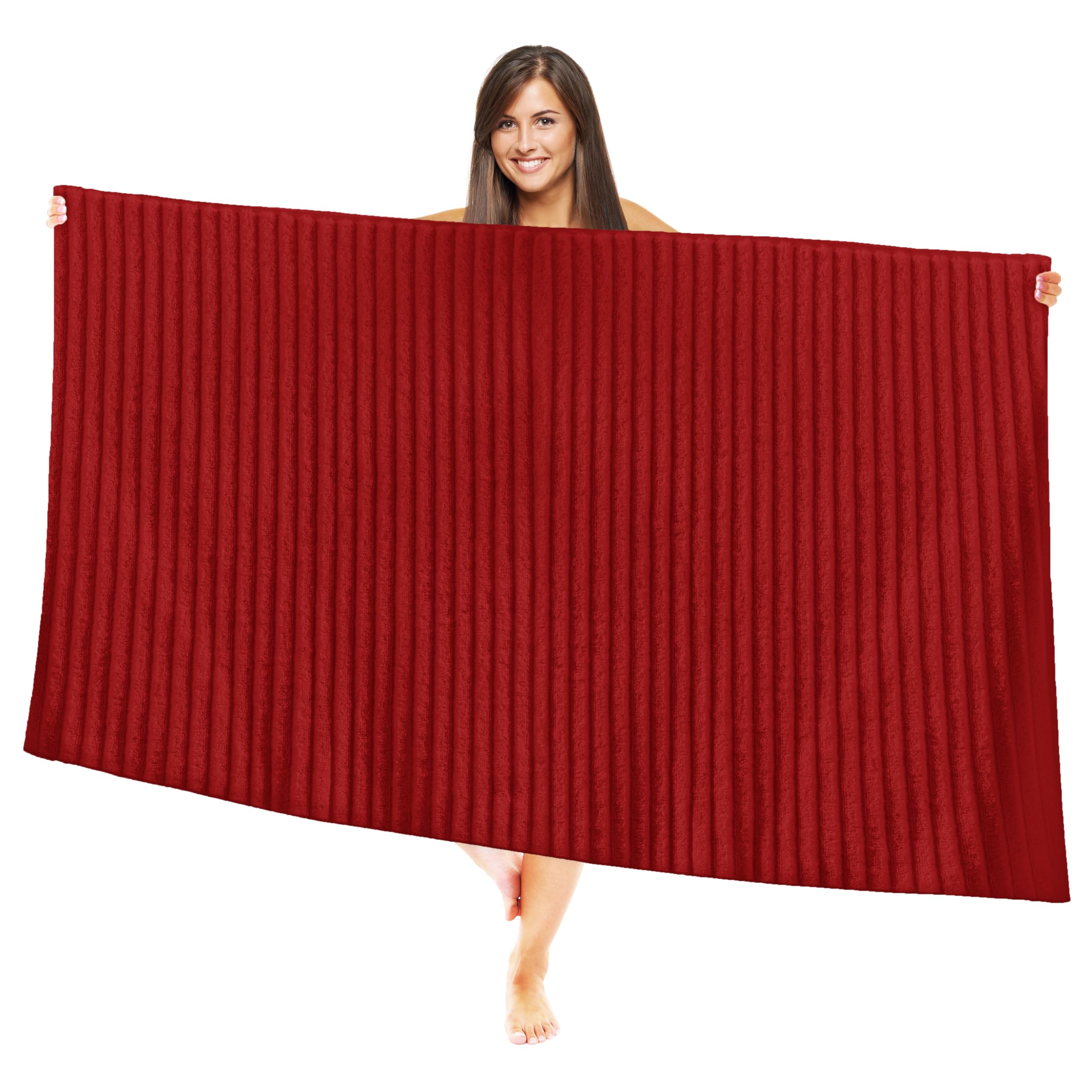 Elegant Comfort 100% Turkish Cotton Corduroy Ribbed Luxury Jumbo Bath Towel Ultra Soft - 35 x 70 Inch - Luxury Spa Premium Hotel Quality Highly Absorbent and Quick Dry Large Bath Towel, Red