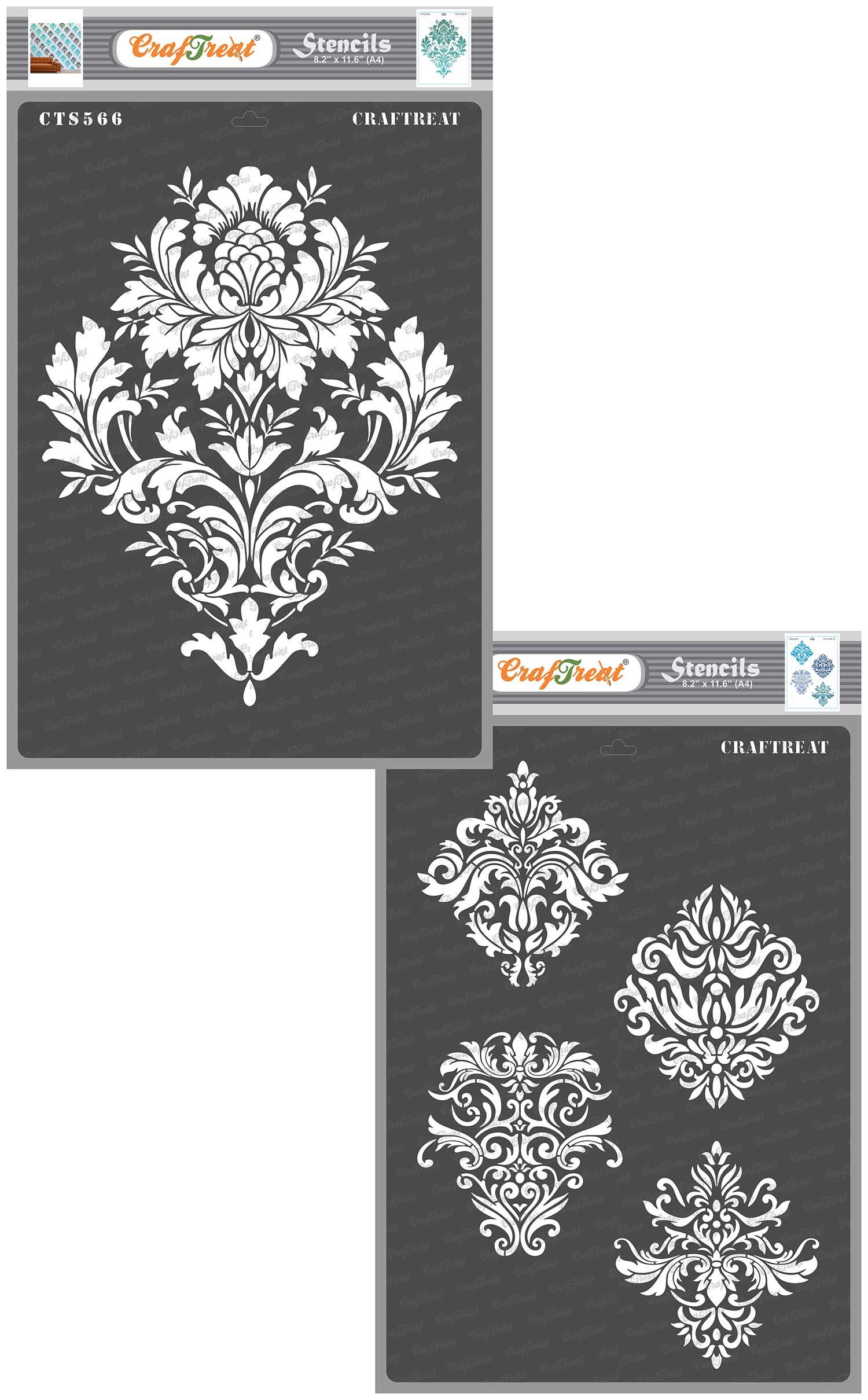 CrafTreatCrafTreat Flourish Stencils for Furniture Painting Vintage - Brocade Stencil and Damask Designs (2Pcs) - Size: 8.3X11.7 Inches (A4) - Damask Pattern Stencil for Crafts Reusable