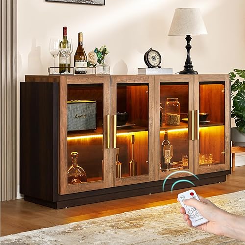 LUXOAK Aparador buffet con almacenamiento, gabinete de 64 pulgadas con puerta de cristal, gabinete de madera moderno de vidrio para comedor, cocina,