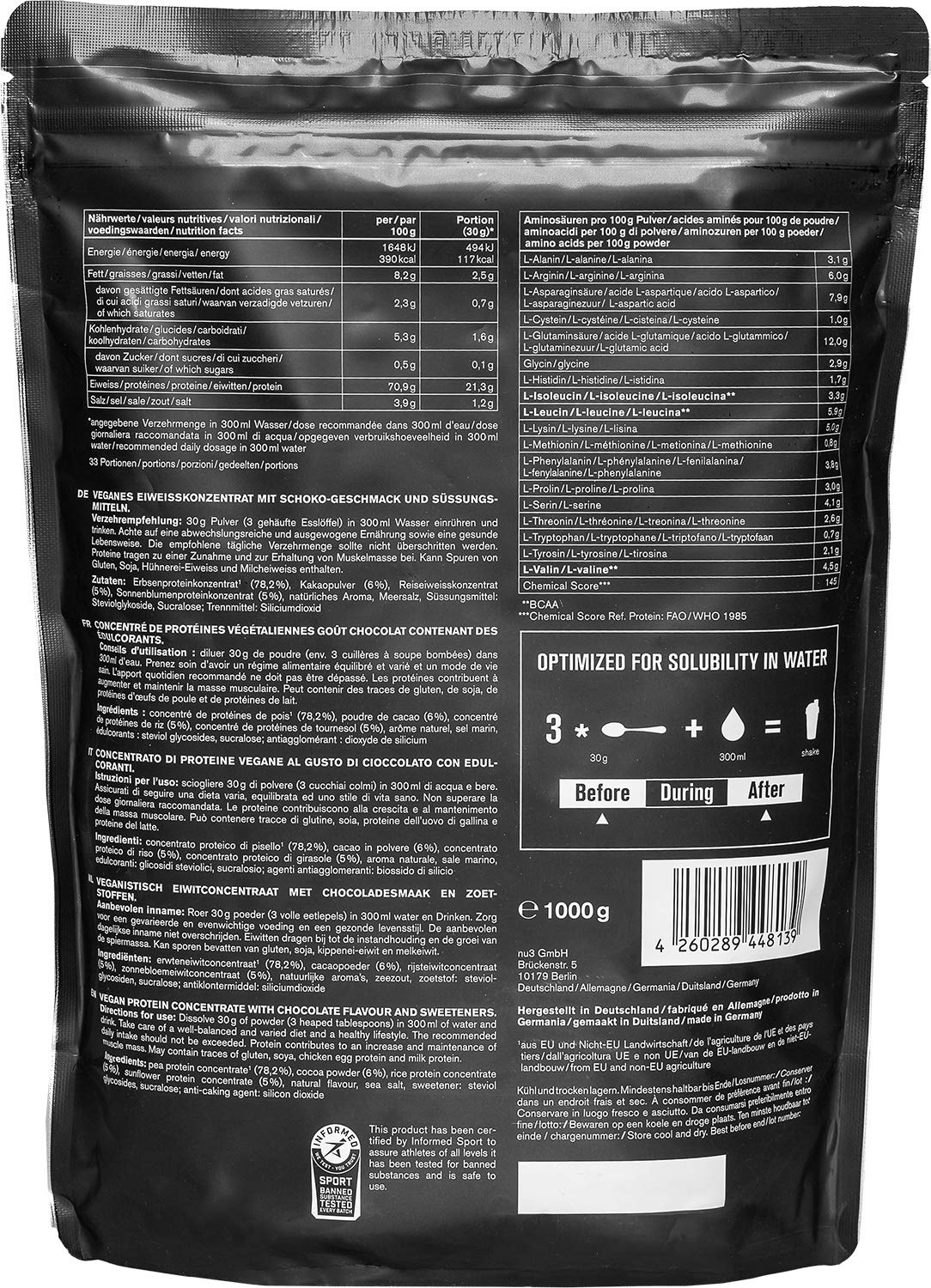 Vegan Protein 3K Chocolate 1 Kg of 100 PlantBased Protein Powder