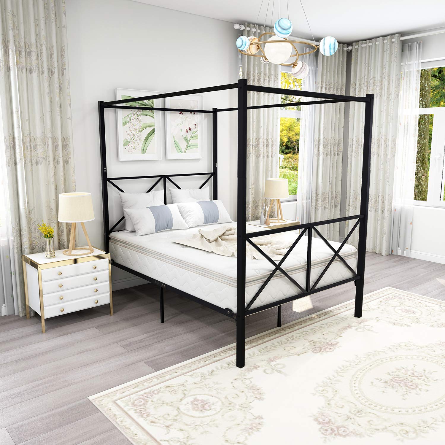 Letto Matrimoniale A Baldacchino In Metallo - Struttura Moderna Con Testiera E Pediera | Colore Nero - Foto 10