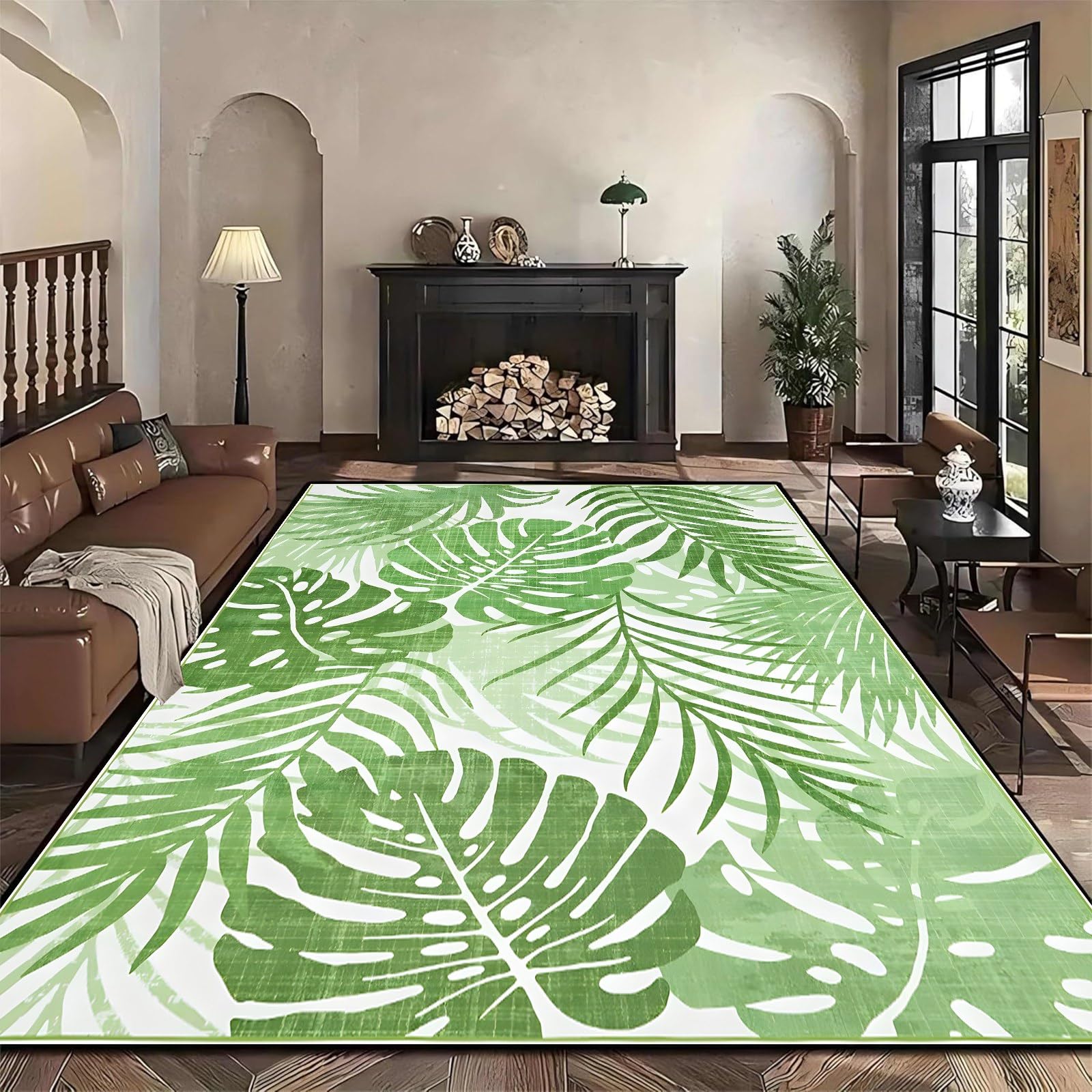 USHIRUG Green Leaf Rug, 180x300cm Modern Tropical Plant Print Large Indoor Rug, Pastoral Style Natural Jungle Rainforest Leaves Carpet, Soft Low Pile Thin Rugs for Doorway, Hallway, Bathroom — image 1