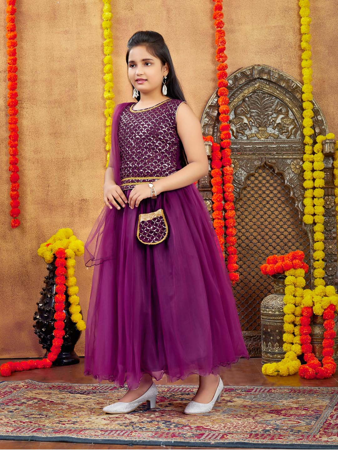 Aarika Girls Ethnic Wear Purple Colour Sequin Embroidery Georgette Lehenga Choli Set Attached Bag (4-10 Years)