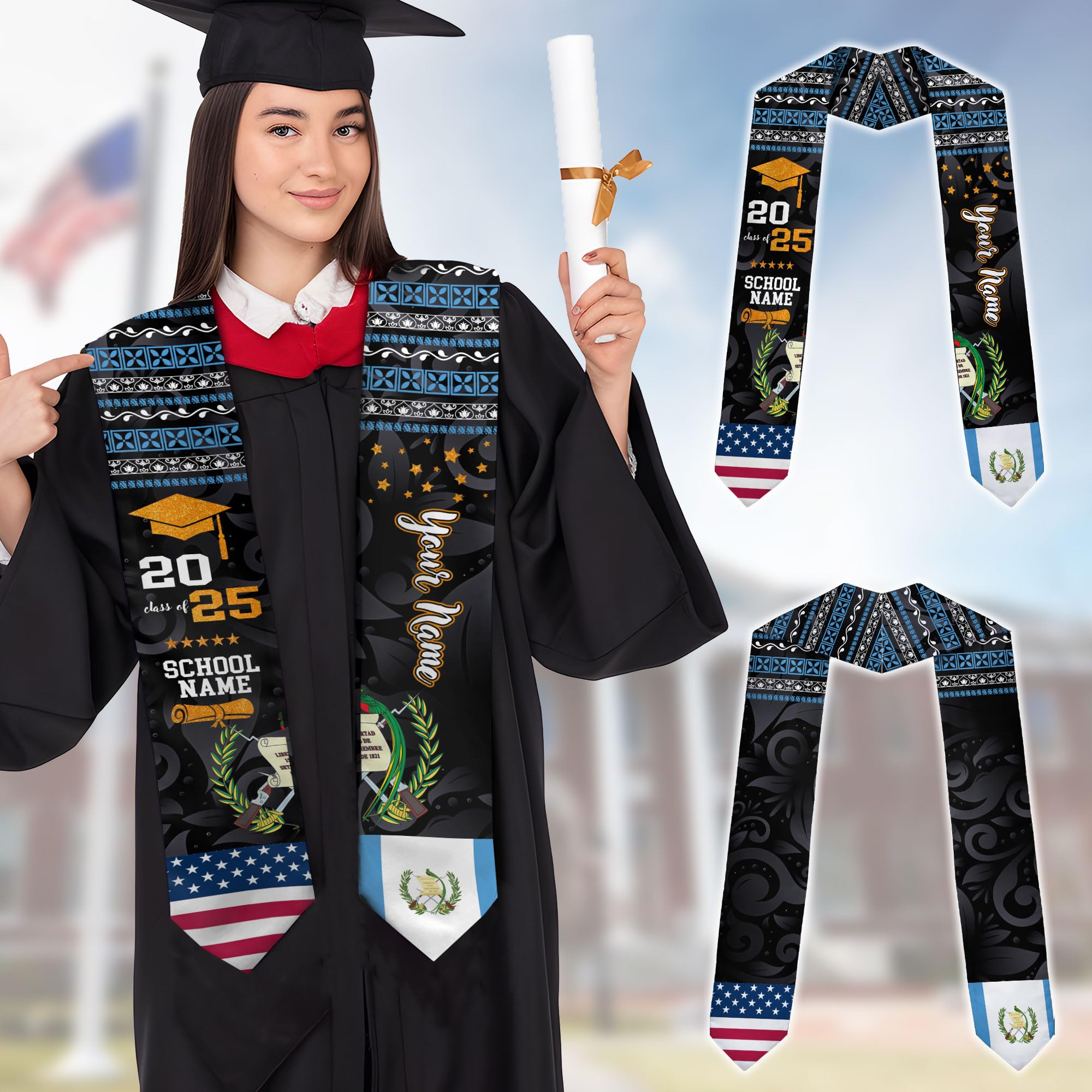 MonkeyVan Custom Guatemala Graduation Sash, Personalized Guatemalan Graduation Sash 2025, Guatemala American Graduation Sashes Gtm9