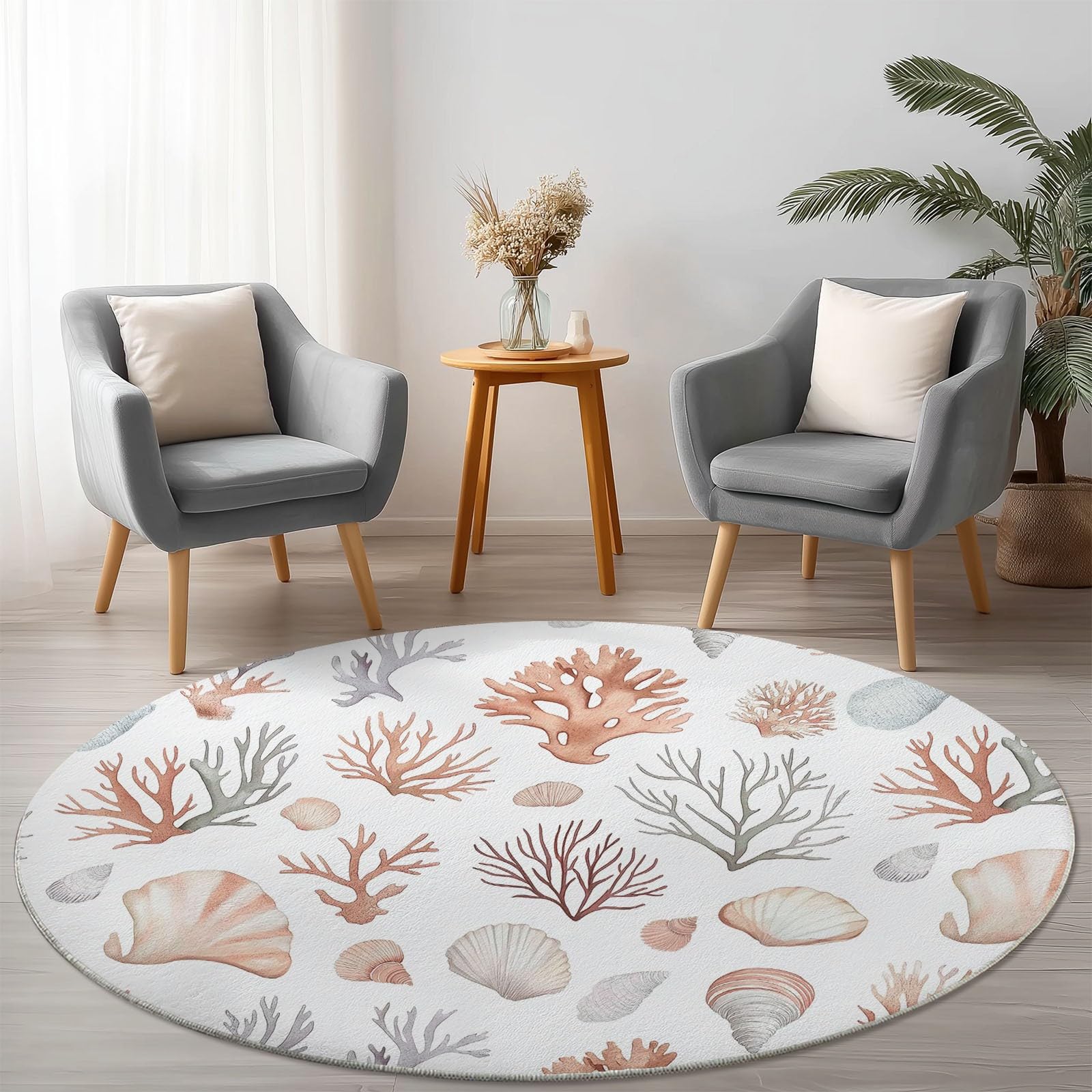 Okrągłe dywany do salonu, naturalnie muszle, zmywalne, do sypialni, antypoślizgowy dywan do jadalni, miękki dywan podłogowy z niskim runem do dekoracji domu, 120 cm, różowy koralowy muszla