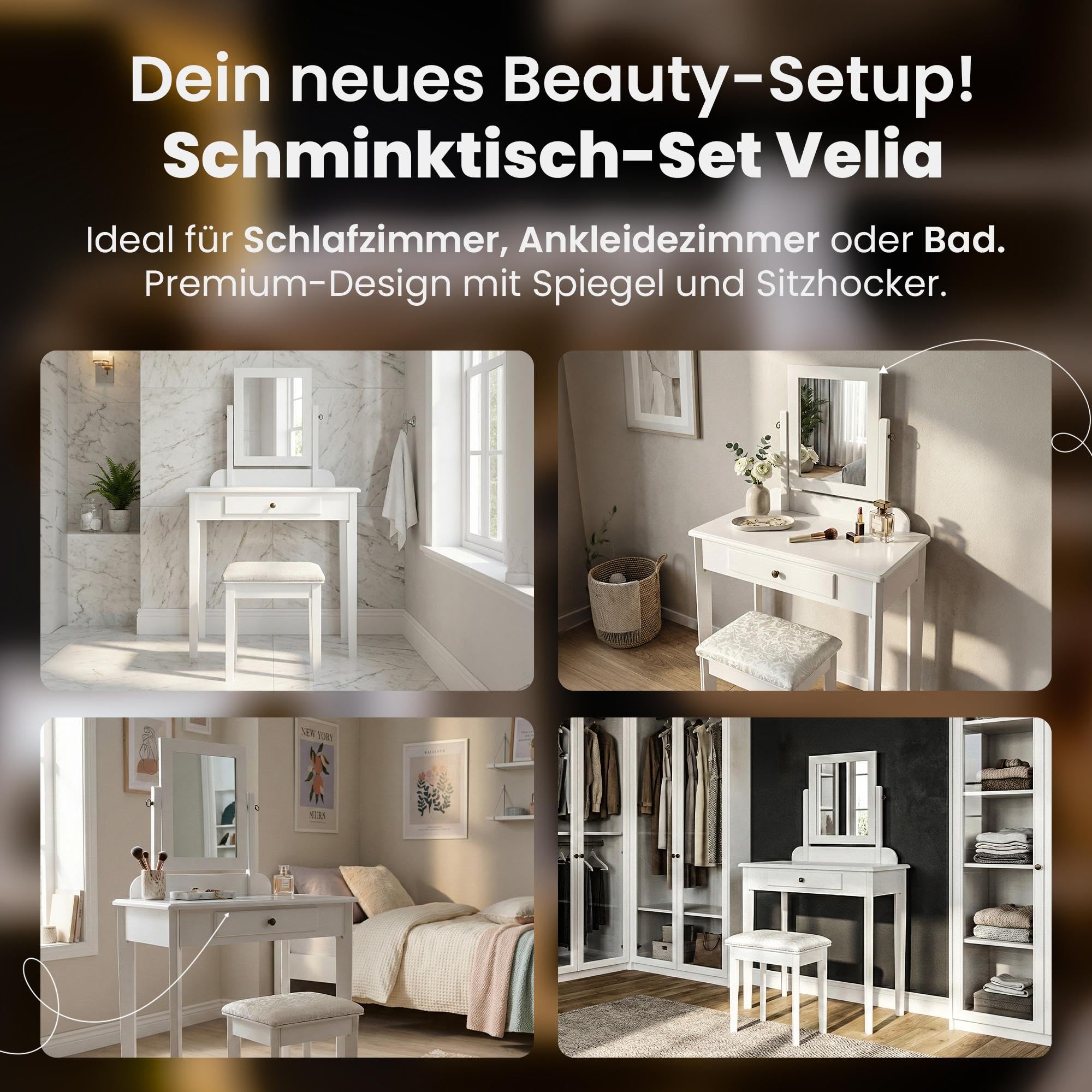 CLP Schminktisch Set mit Hocker und Spiegel Velia, Kosmetiktisch mit Schublade, Sitz gepolstert, Gestell aus Pappelholz Farbe weiß