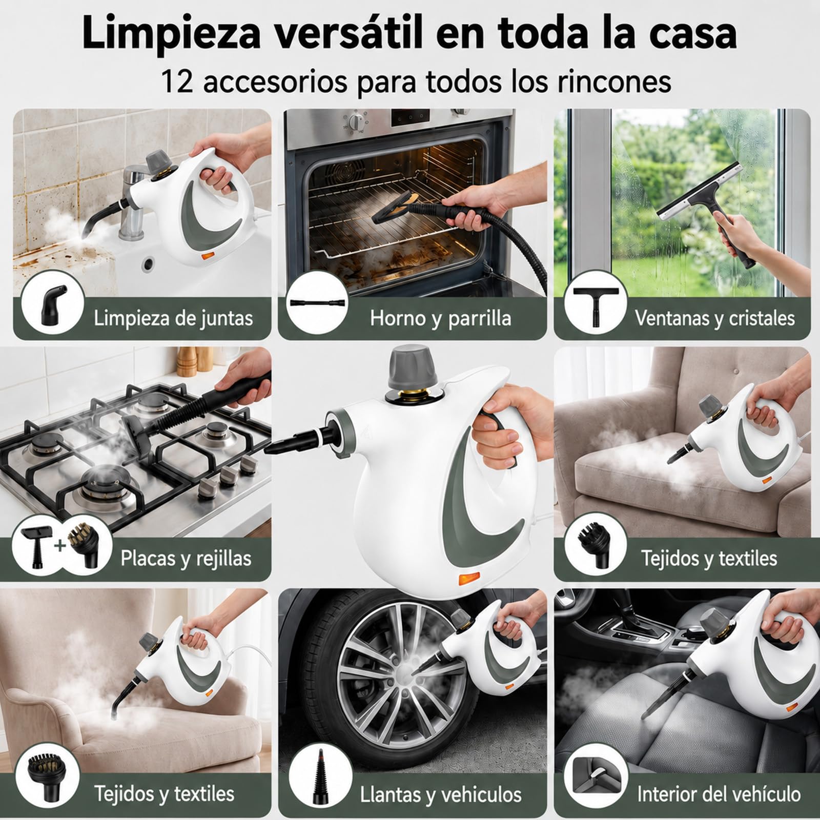 Vaporseguro Limpiador a Vapor de Mano, 12 Accesorios para Hogar y Coche