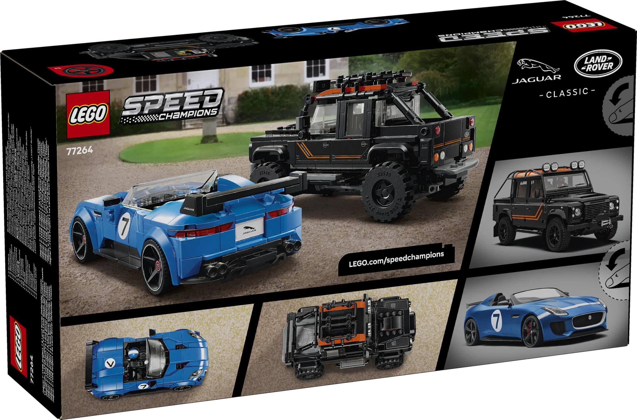 LEGO Speed Champions Jaguar Project 7 e Land Rover Defender - Kit di Modellismo STEM con 2 Macchine Giocattolo e 2 Minifigure di Piloti - Regalo di Compleanno per Bambini da 10 Anni in su - 77264