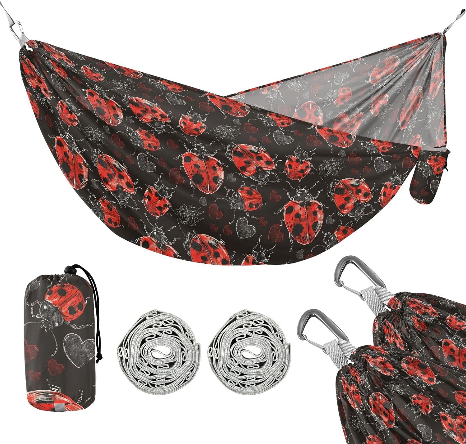 ALAZA Lady Bug Hearts Camping Hammocks Single or 2 Person 500 lbs Portable Parachute Travel Hammock w/Tree Straps for Hiking Backpacking Indoor Outdoor