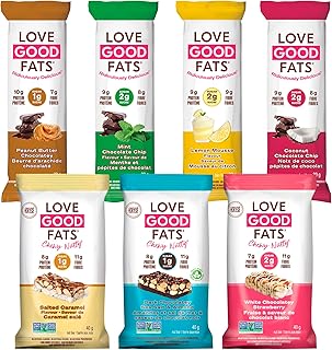 Love Good Fats - Keto Protein Snack Bars Variety Pack - 12-14g Good Fats, 7-9g Protein, 3-5g Net Carbs, 1-2g Sugar, Gluten-Free - 7 Flavours, 12 Pack