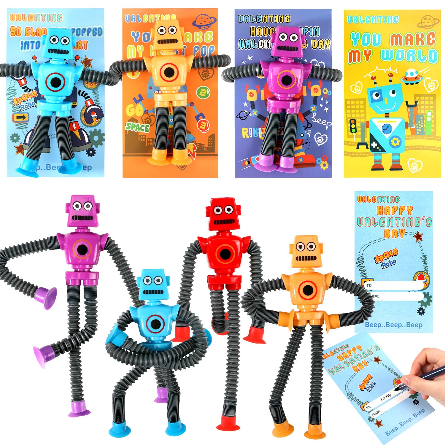 Valentine's Day Gift Cards for Children, Robot Toys (24 Pack), Telescopic Suction Cup Robots Autism Pop Tubes Sensory Fidget Toy, Children's Valentine