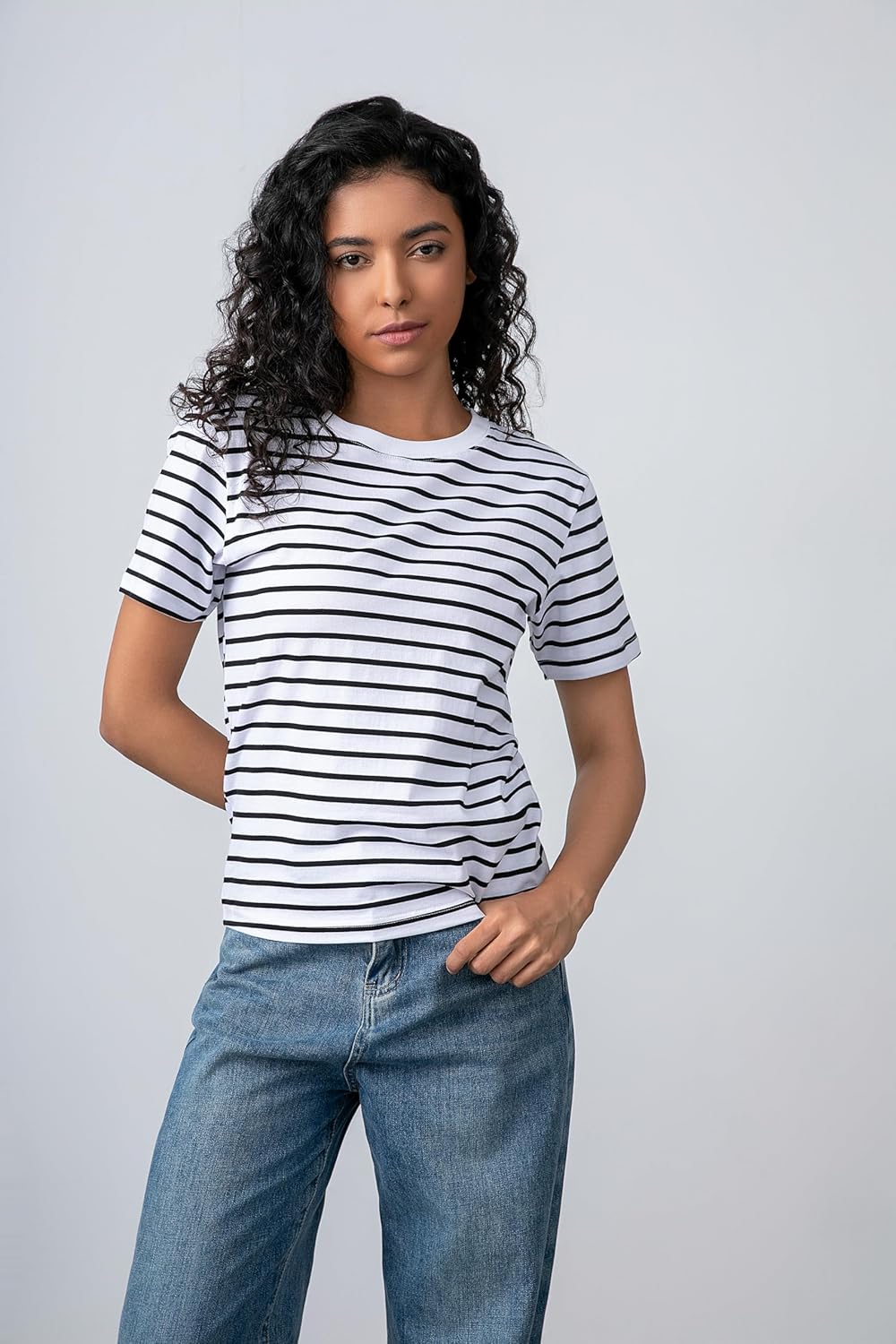 Women's Striped Shirt Basic Short Sleeved Round Neck Striped T-Shirt, Casual Summer Clothing,2 Pack - Image 2