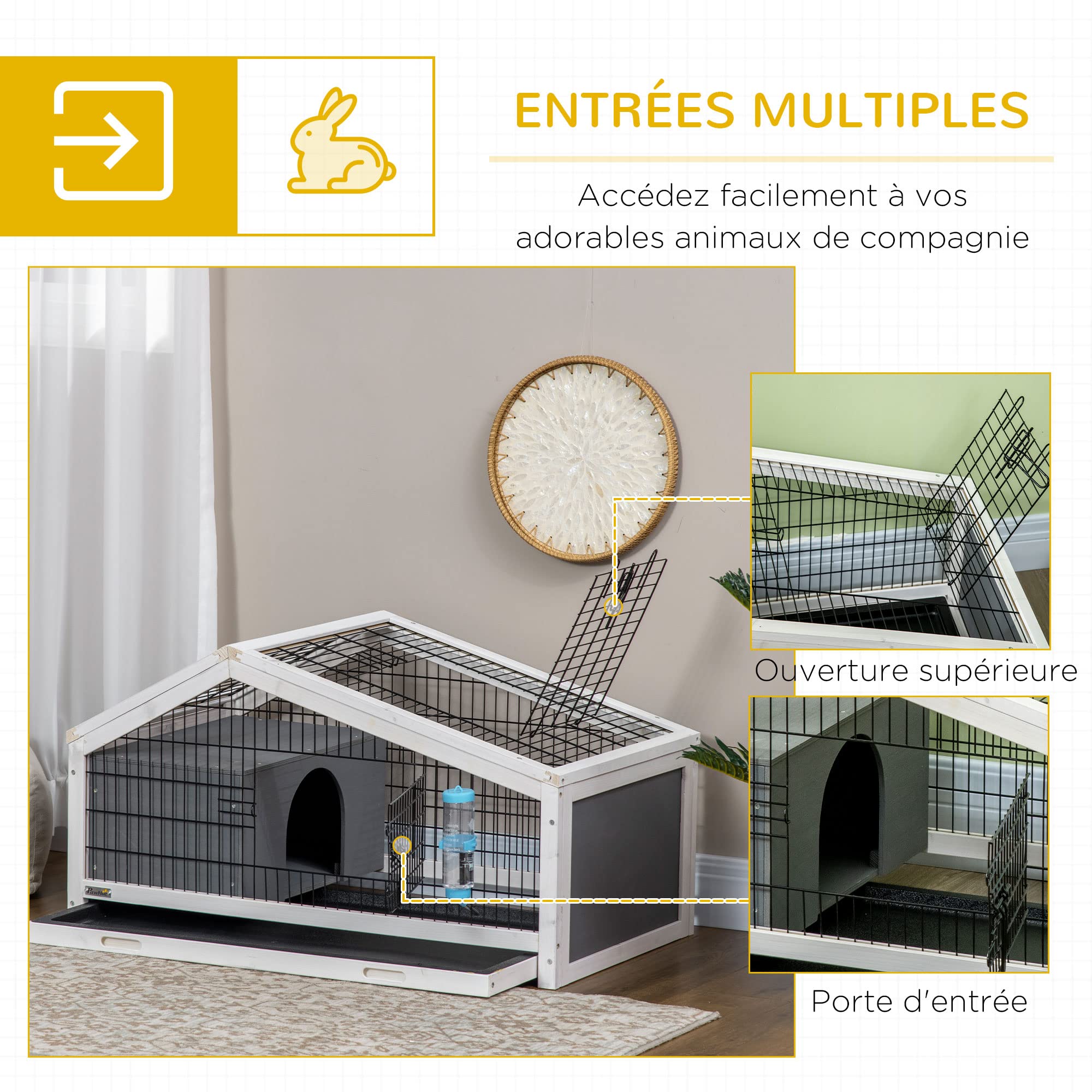 PawHut Clapier Cage à Lapin - Cage à Lapin intérieur Niche, Plateau déjection, Porte et Toit ouvrant verrouillables, Abreuvoir - Acier Noir Sapin Gris Blanc