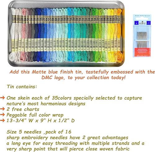 Miniatura 2 de Hilo de bordado DMC, colección escénica de estaño, 35 colores, paquete surtido de hilos de bordado de algodón DMC con agujas de mano tamaño 5.