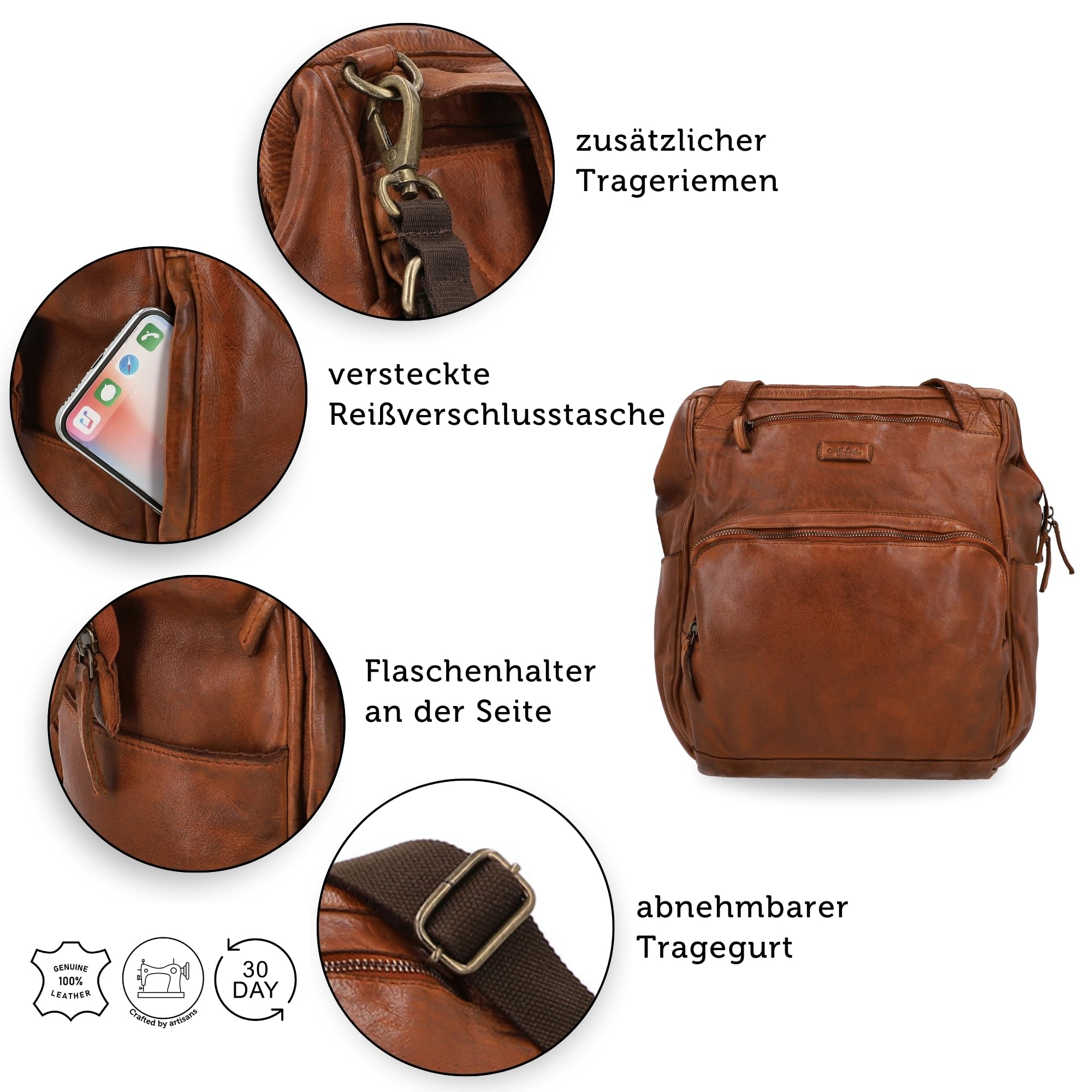 Gusti Leder Wickelrucksack Carina - Leder Wickeltasche mit Wickelauflage & Organizer Fächern - Lederrucksack Damen & Herren - Kinderwagen Organizer & Reisetasche