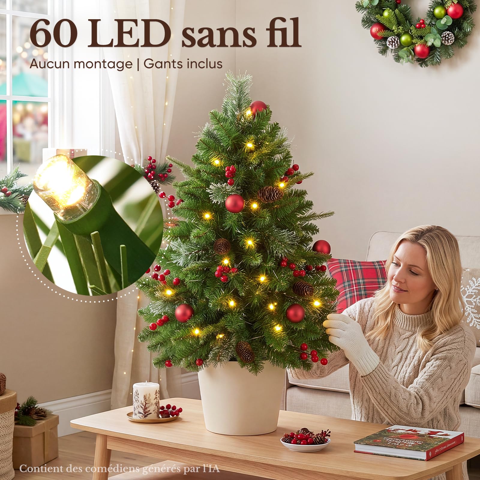 HOKEEPER Lot de 2 sapins de Noël artificiels de 90 cm avec éclairage LED | Sapin de Noël artificiel avec pommes de pin