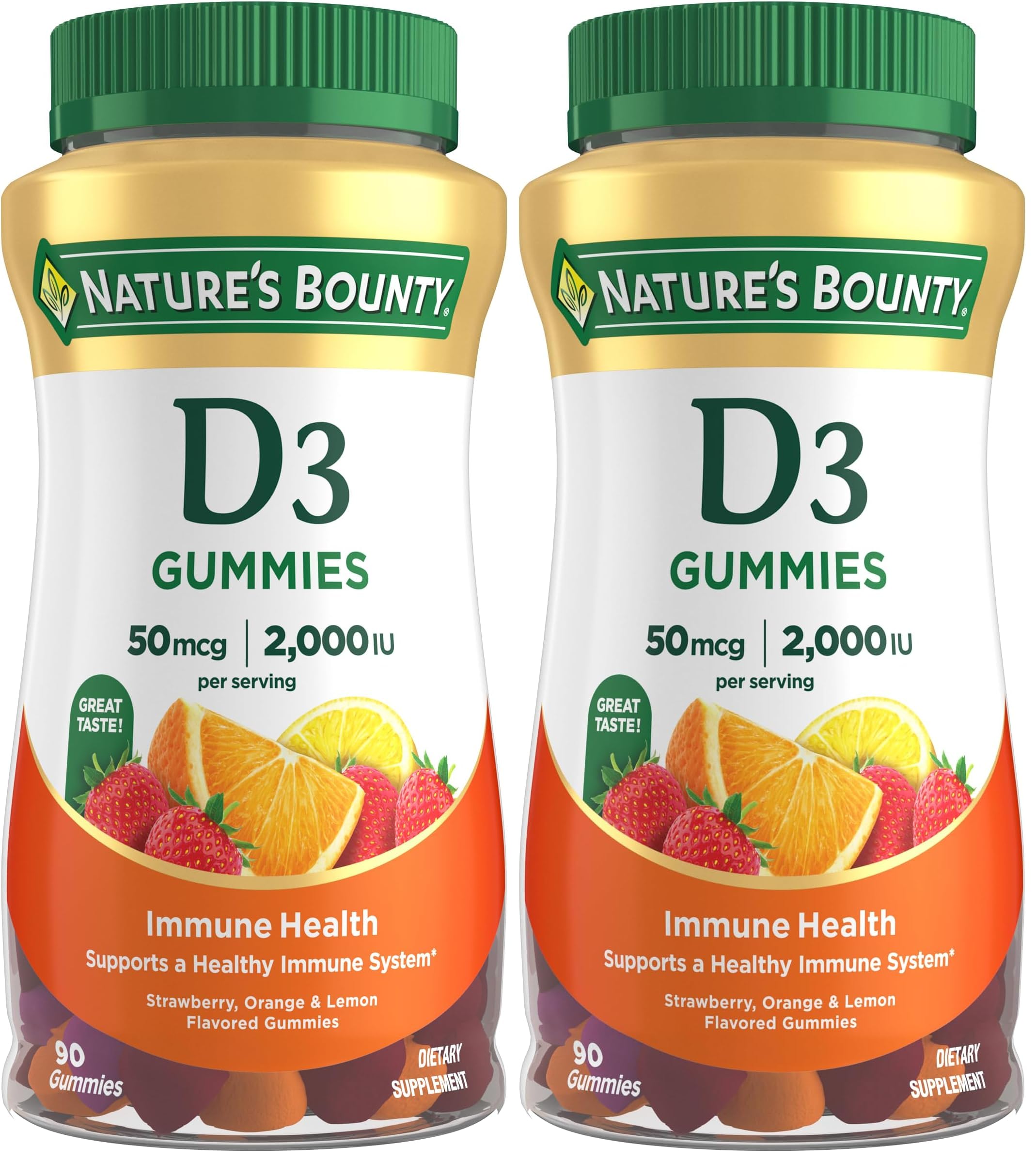 Nature's Bounty Vitamin D3 Gummies, Vitamin Supplement, Supports Immune Health, 50mcg, 2000IU, Mixed Fruit Flavor, 90 Gummies (Pack of 2) Strawberry, Orange & Lemon 90 Count (Pack of 2)