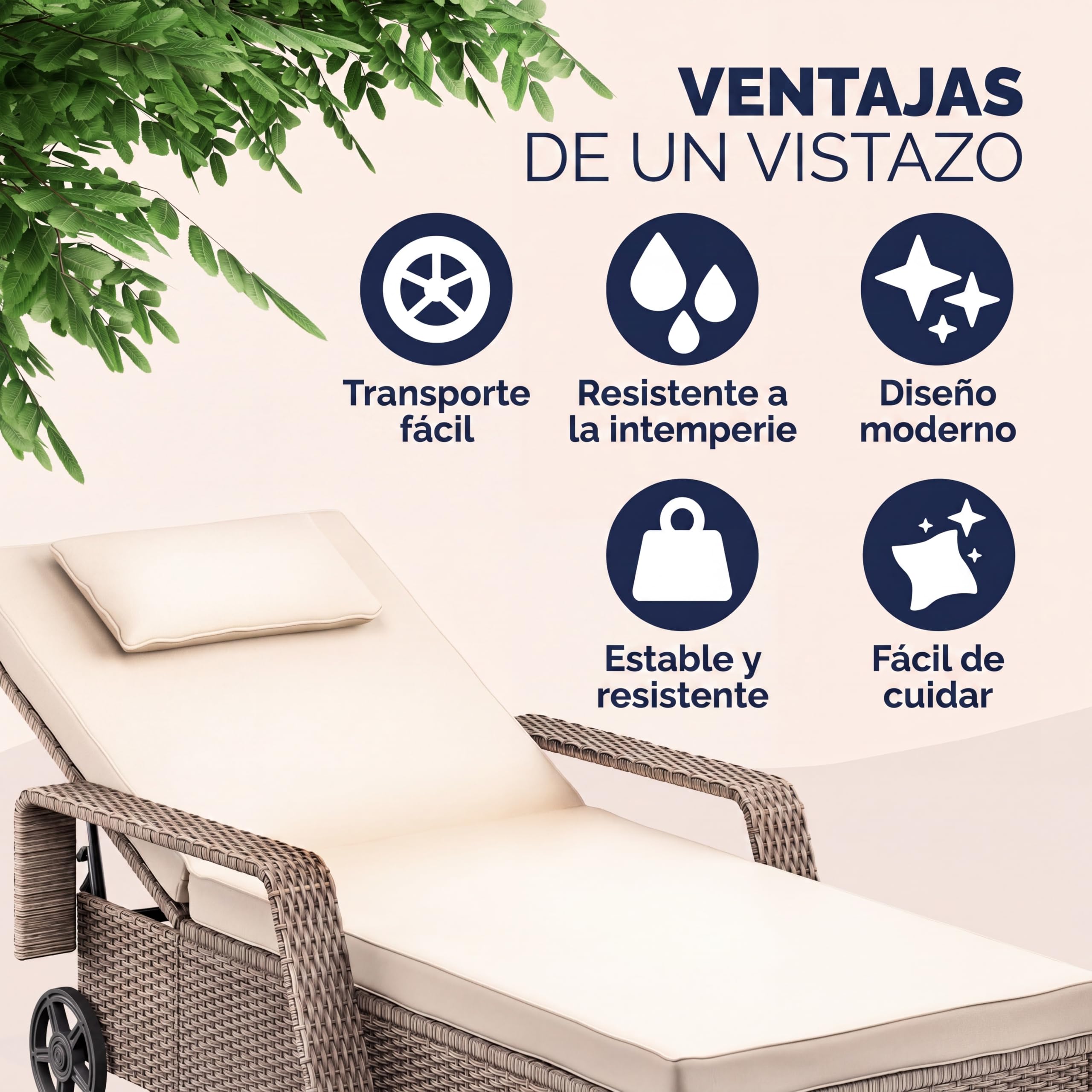 CASARIA® Tumbona Jardín Poliratán hasta 160kg 193x90cm Respaldo Regulable Acolchado 7cm Cojín 2 Ruedas Crema | Tumbona de jardín, resistente a la intemperie, soporta 165 kg, terraza, balcón, tumbona reclinable, polirratán