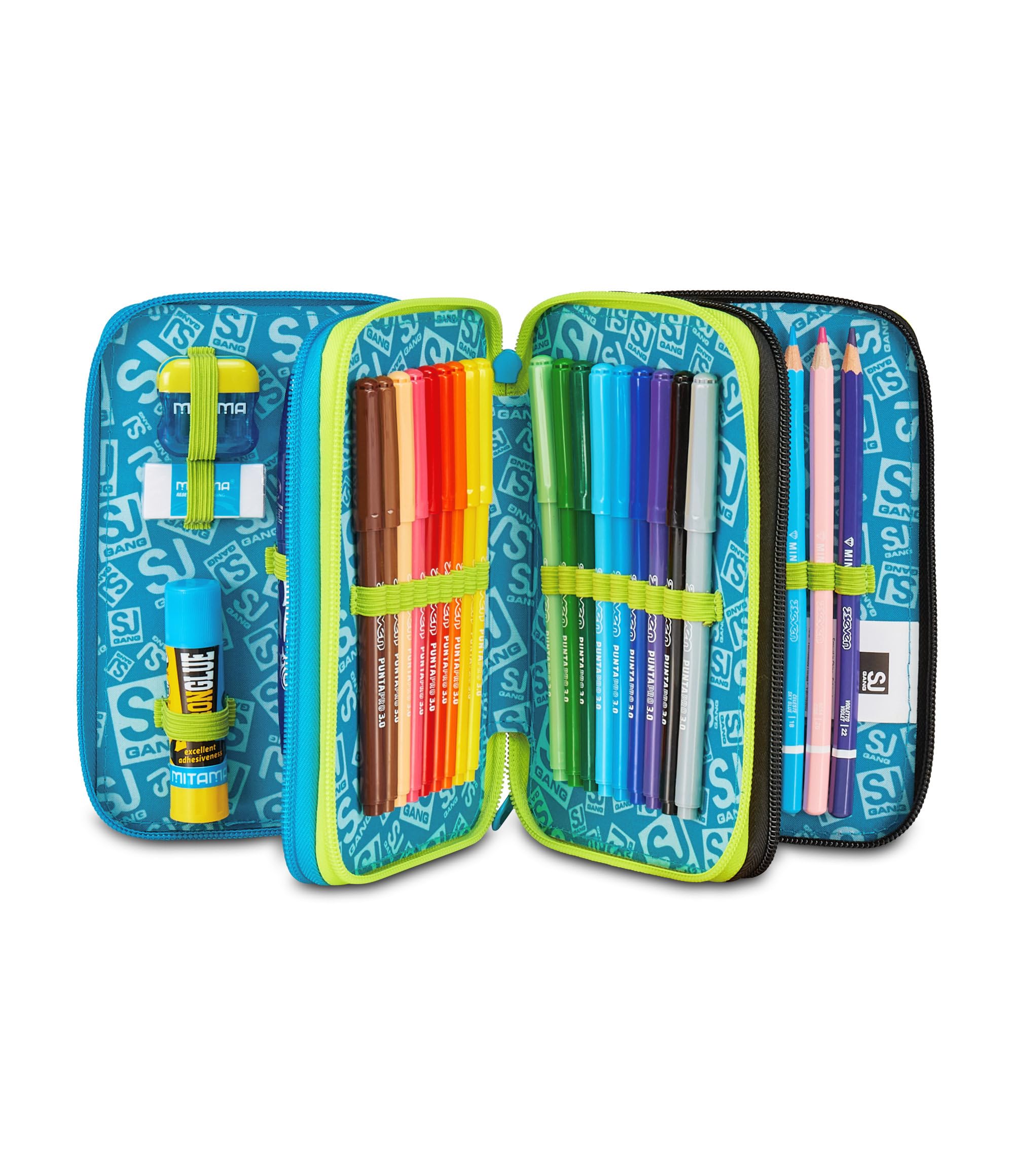 Astuccio Scuola 3 Zip Led Look Blu Portapenne Triplo Scomparto Completo