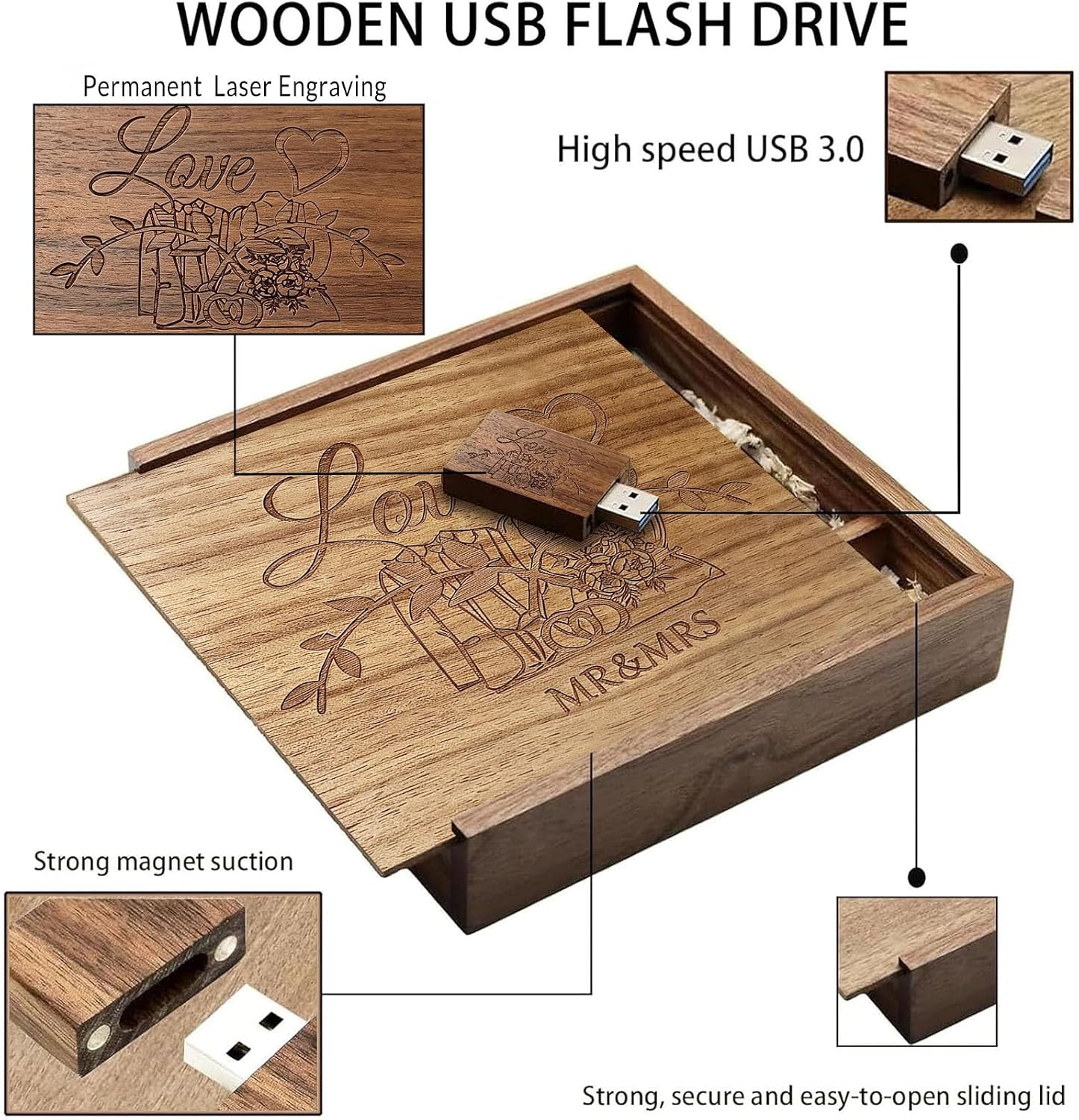 Wooden USB Flash Drive 32GB USB3.0 Wedding Flash Drive with Box image 3