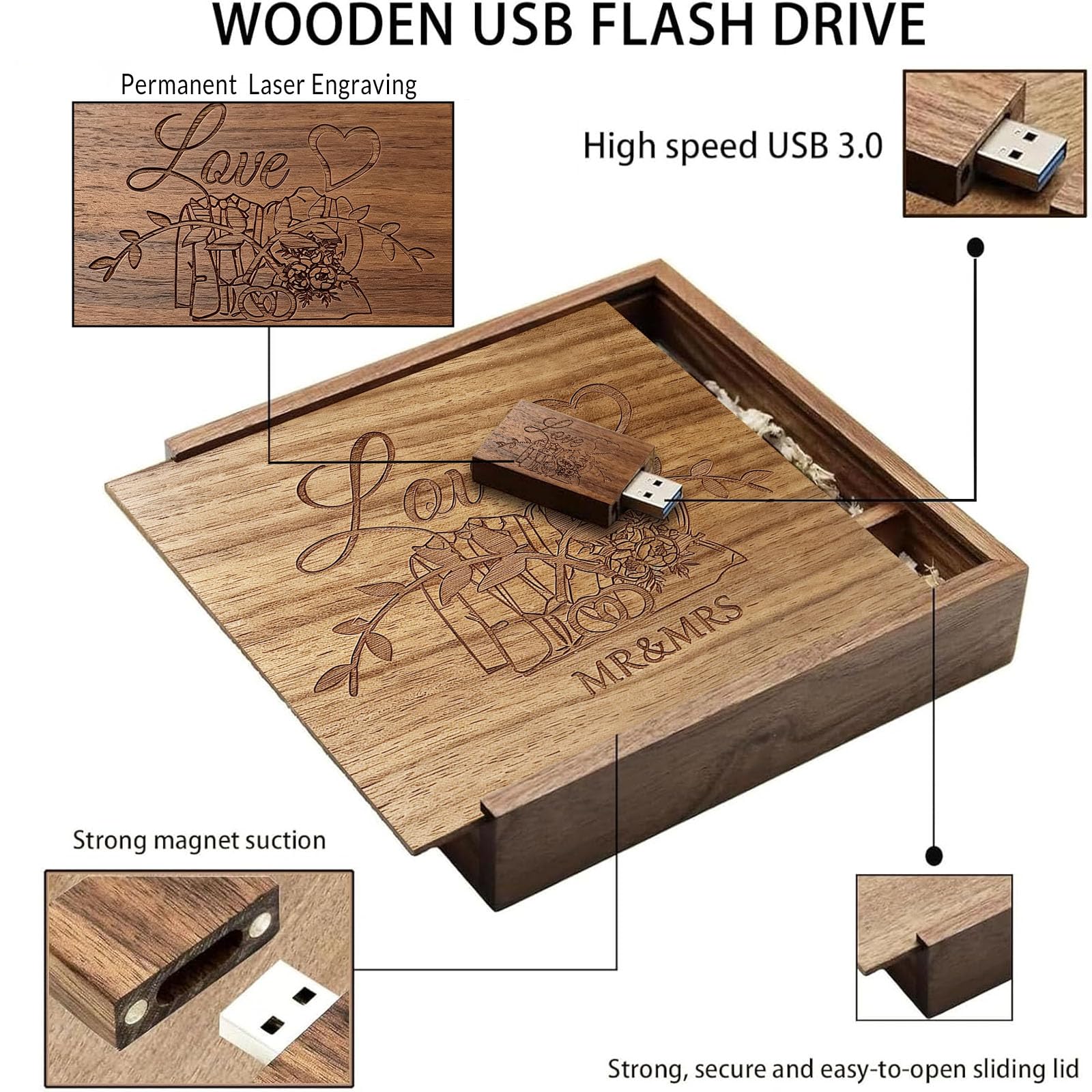 Clé USB en bois 32 Go USB 3.0 pour mariage avec boîte