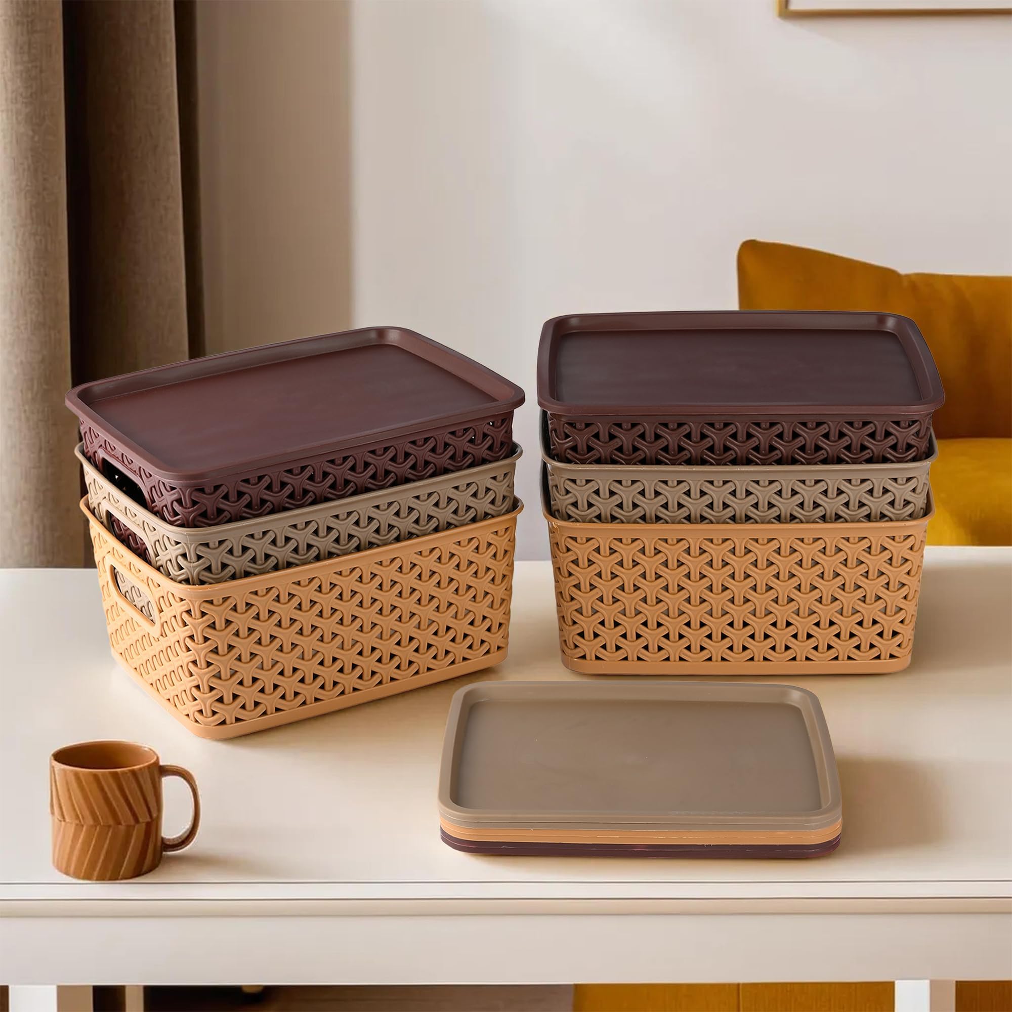 Pack of 6 Multipurpose Solitaire Storage Basket with Lid|Strong Plastic Material & Side Grip|Size Small 25 x 19 x 10.5, (Multi)-CTLTC010898, rectangular