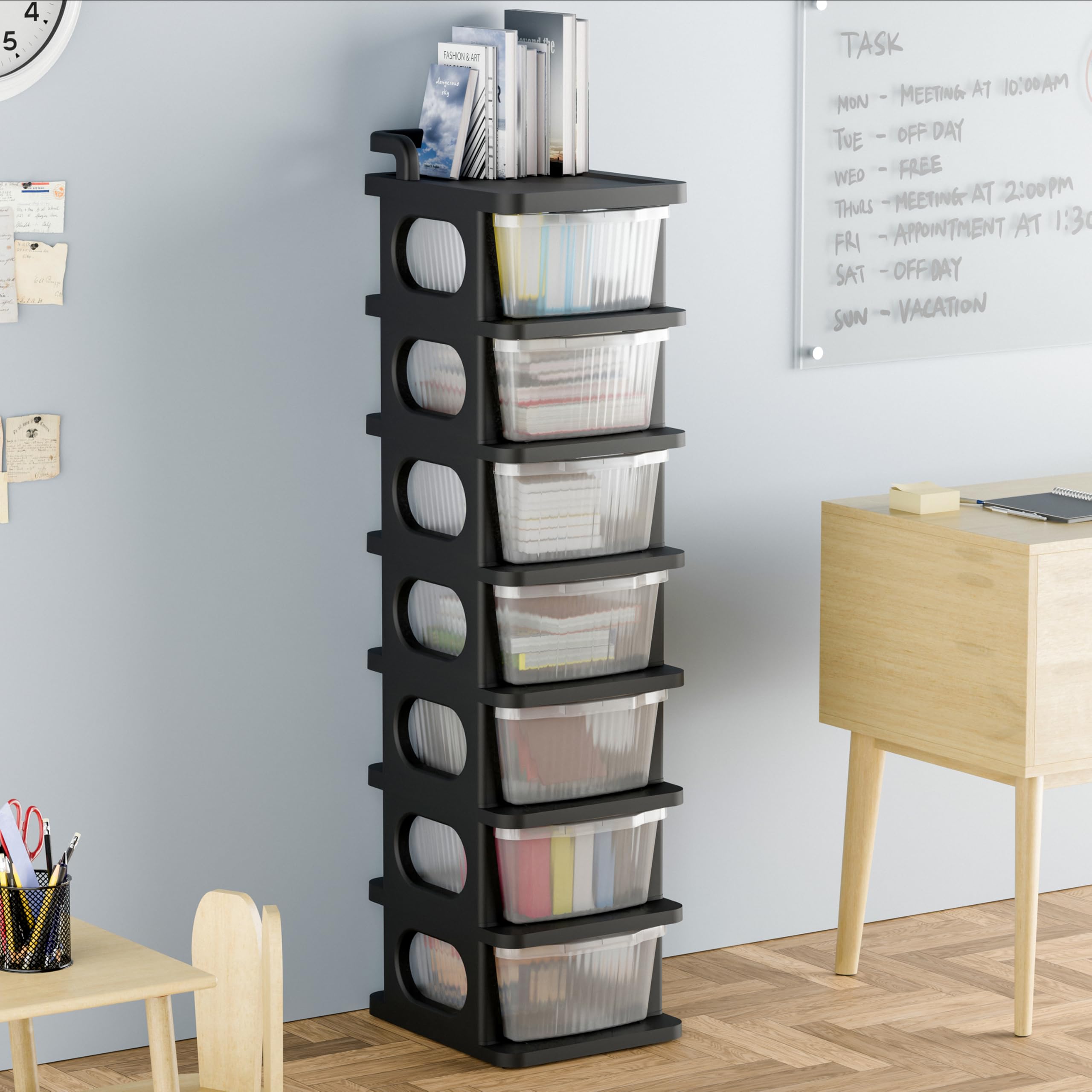 JD Fresh 7 Tier Plastic Drawer Organizer with Wheels/Transparent Modular Drawer Storage for Clothes/Toys Organizer for Kids Room/Multipurpose Storage Rack for Living Room/Office (Black & Transparent)-image-26
