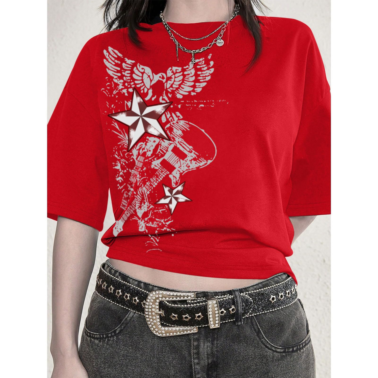 Weetiotio Vintage Rock Band T Shirts for Women Oversized Graphic Tees Country Music Y2k Grunge Shirts Baggy Streetwear Shirt: Red X-Large