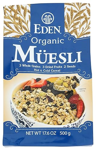 Eden Cereales muesli orgánicos, avena, centeno, trigo y copos de espelta, pasas, arándanos, arándanos silvestres, semillas de calabaza y girasol,