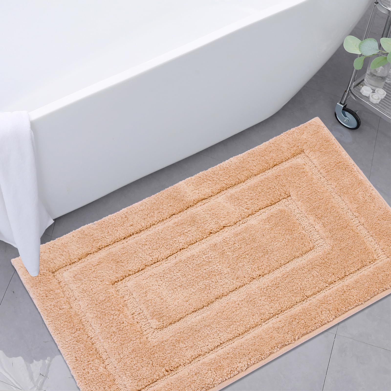 Royannie Beige Indoor Door Mat Non Slip,20"x32"Bath Rug Rubber Backing,Soft Absorbent Microfiber Floor Mat Machine Washable,Classic Low Profile Rugs