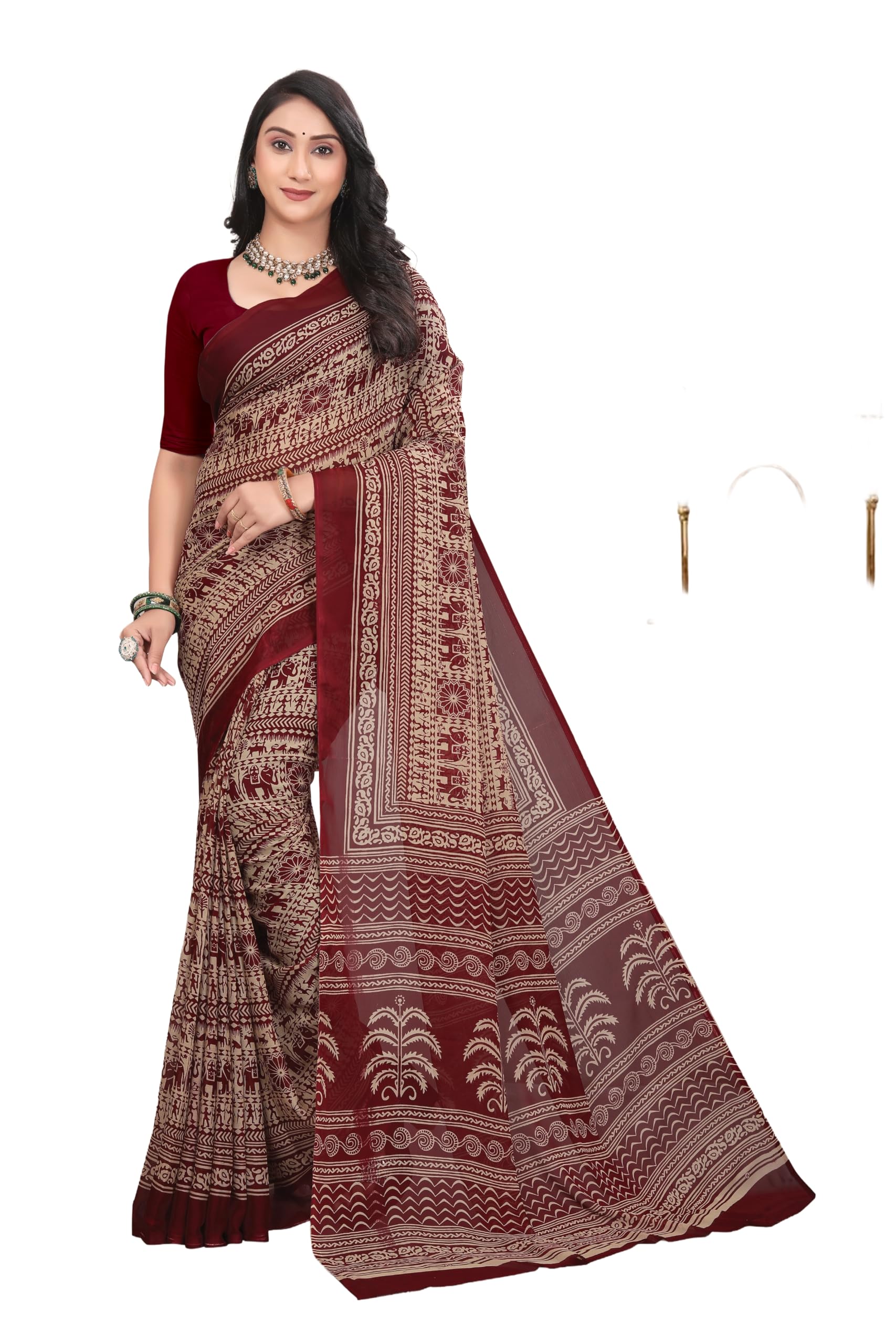 Printed Georgette Saree, Maroon, Traditional Tribal and Geometric Print, Festive and Casual Wear-image-43