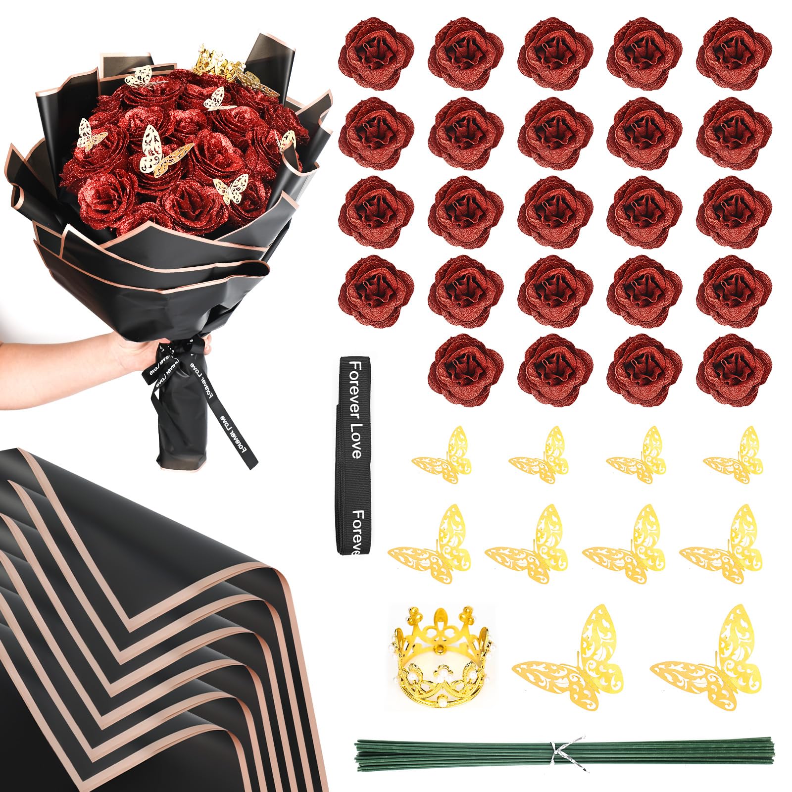 ZXH Pailletten boeket kunstrozen, rood/blauw/roze/zwart/grijs/groen/paars, ramo De Rosas Eternas met steel/papier/lint, Valentijnsdag cadeau (40