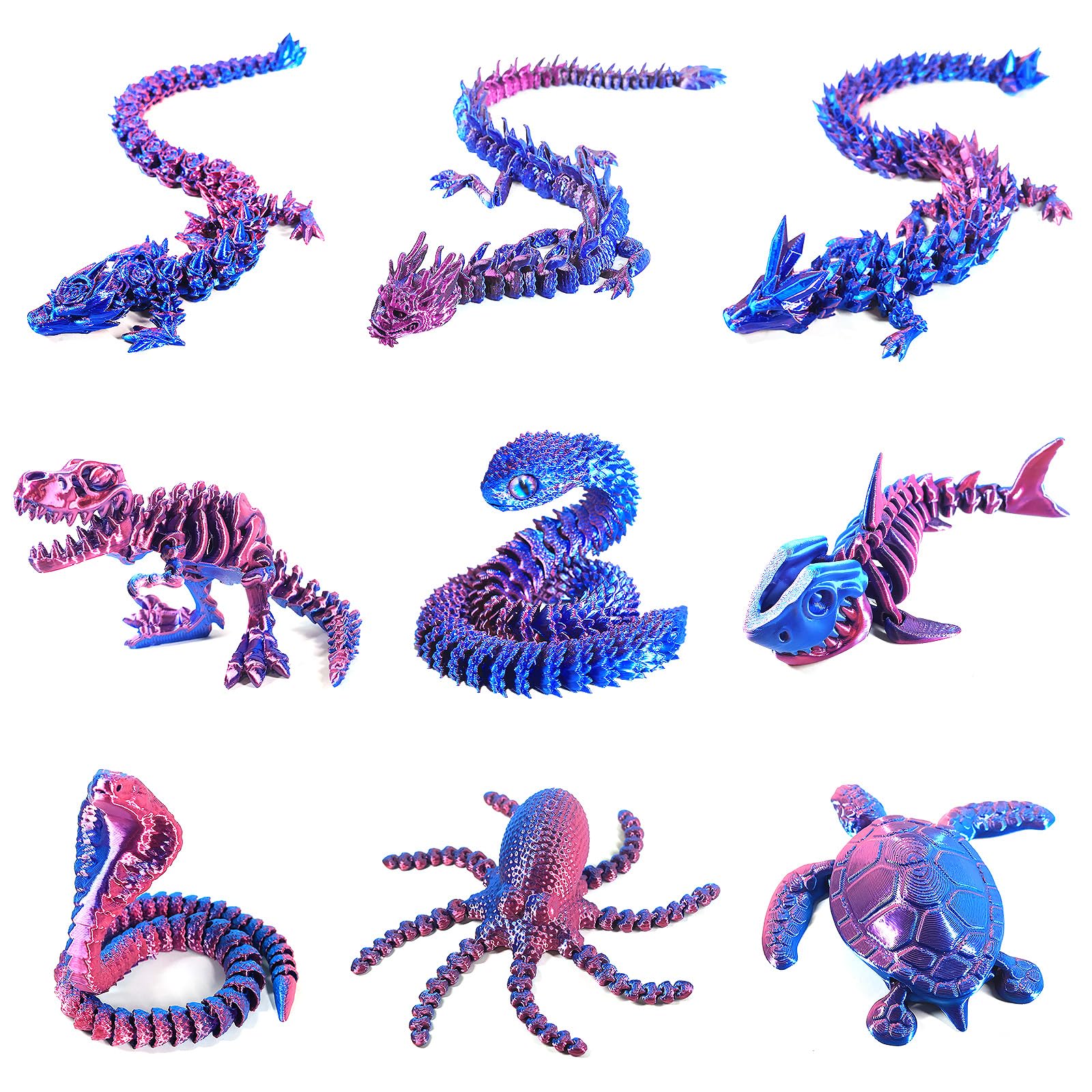 9PCS 3D Printed Dragon 3D Printed Animals Include 3D Printed Snake, Dinosaur, Octopus, Sharks, Turtle, Cobra and 3 Style Dragons, 3D Printed Toys