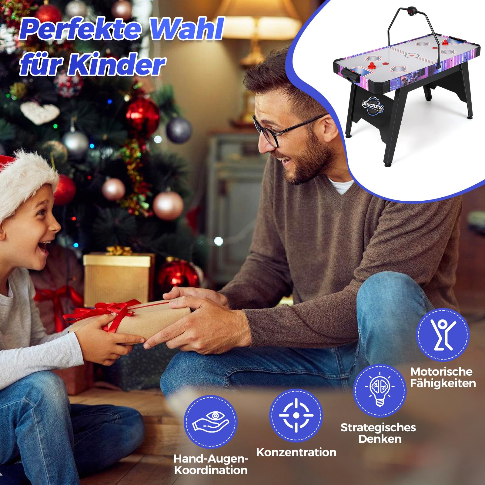 COSTWAY Airhockey Tisch mit LED-Digitalanzeige, Air Hockey Spieltisch elektrisch mit 12V Motor, Tischhockey inkl. 2 Schläger & 2 Pucks, Lufthockey Speedhockey für Zuhause, Spielzimmer & Büro