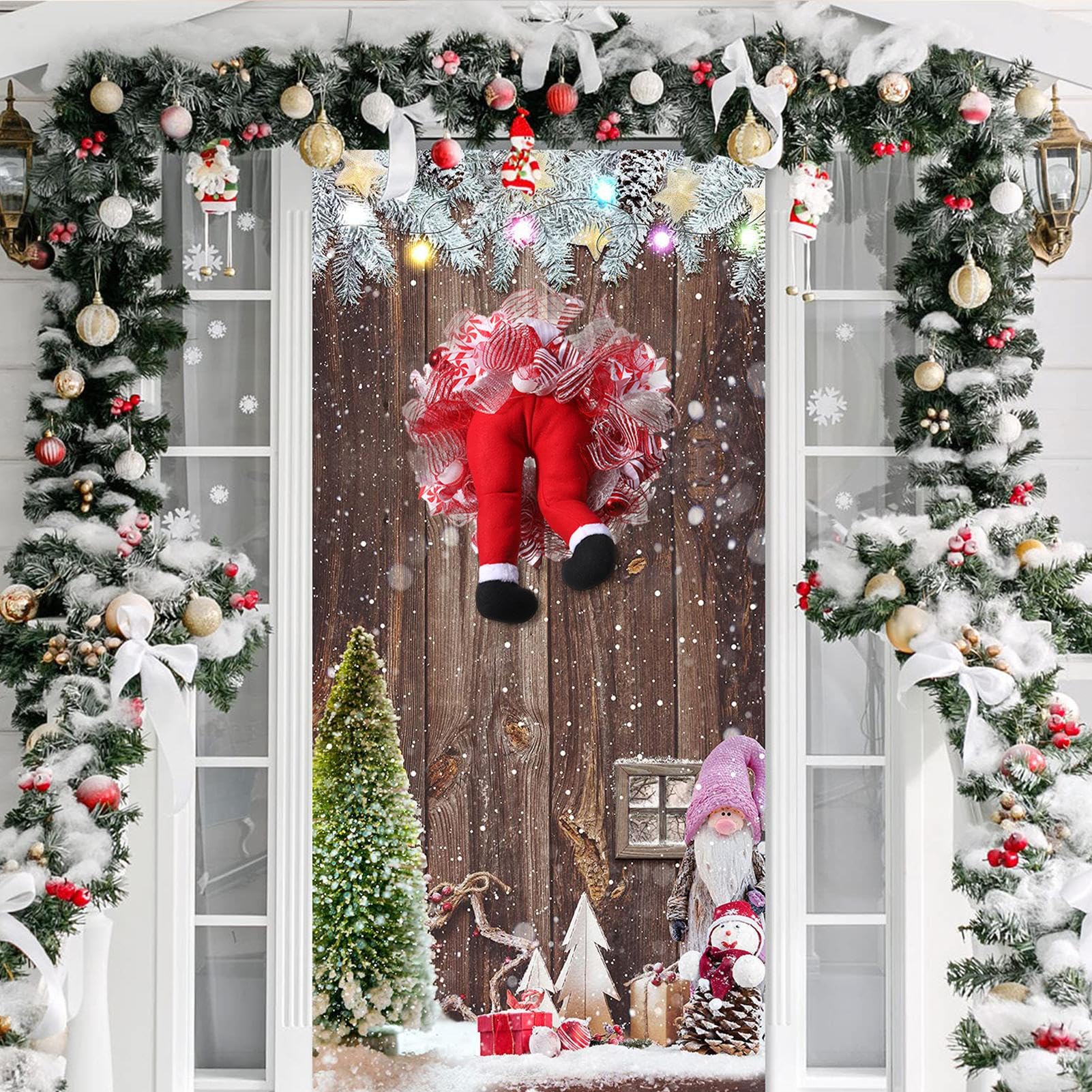 Amazon.co.jp: 玄関用クリスマスリース、赤いリボン付きサンタ